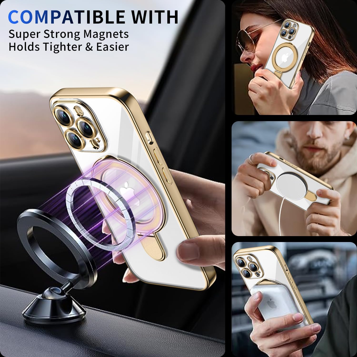 Magnetic for iPhone 14 Pro Case with Invisible Stand[Compatible with MagSafe][Full Camera Lens Protector][Military Drop Protection]Shockproof Not Yellowing Clear Slim Soft for Women Men Gold - Image 5