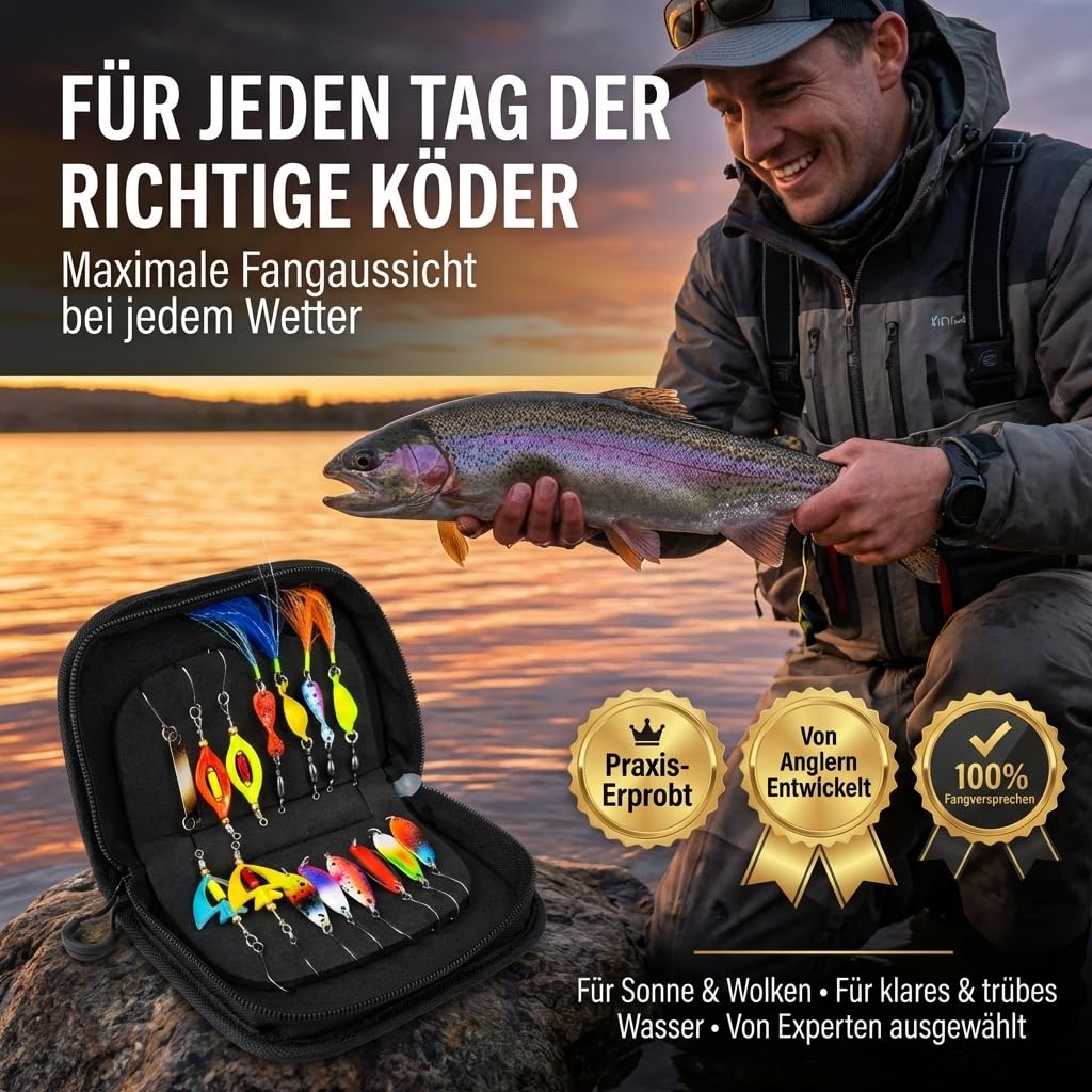 Neu Alle Forellen Köder Neuheiten 2025 in Einer Spoon Tasche | Forellen Set 15 Spoons Forelle 2g, 3g, 3,5g, 4g | Uv-Aktive Forellenköder für jedes Wetter und Wasser | Angelzubehör Trout Spoon Angeln