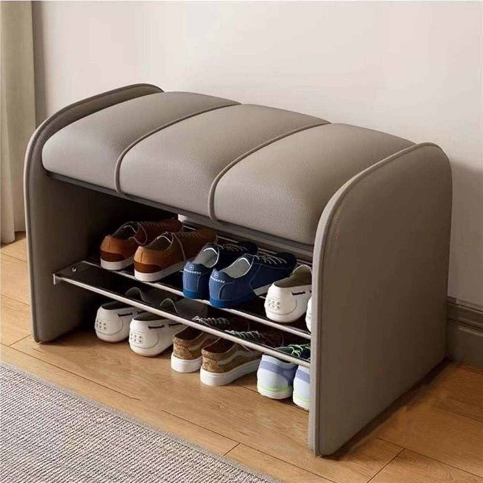 Banc à chaussures peu encombrant avec rangement en métal pour salon