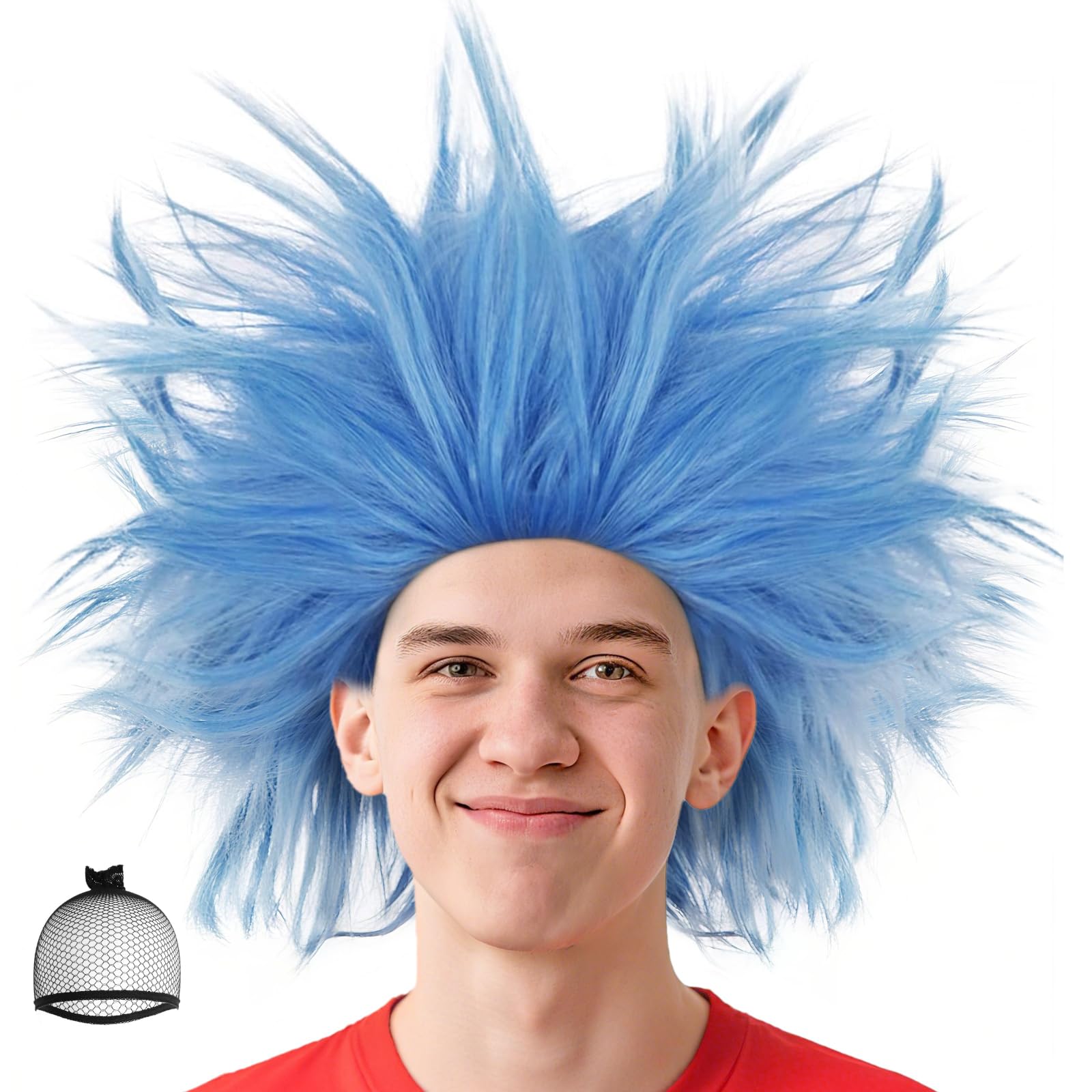 BECULINA Blue Spiky Wig +Hair Cap Synthetic Funny Wig for Men Women Cosplay Characters Themed Parties Blue Crazy Synthetic Hair Short Fun Wigs for Adults Halloween Costume Party Outfit Anime Wigs