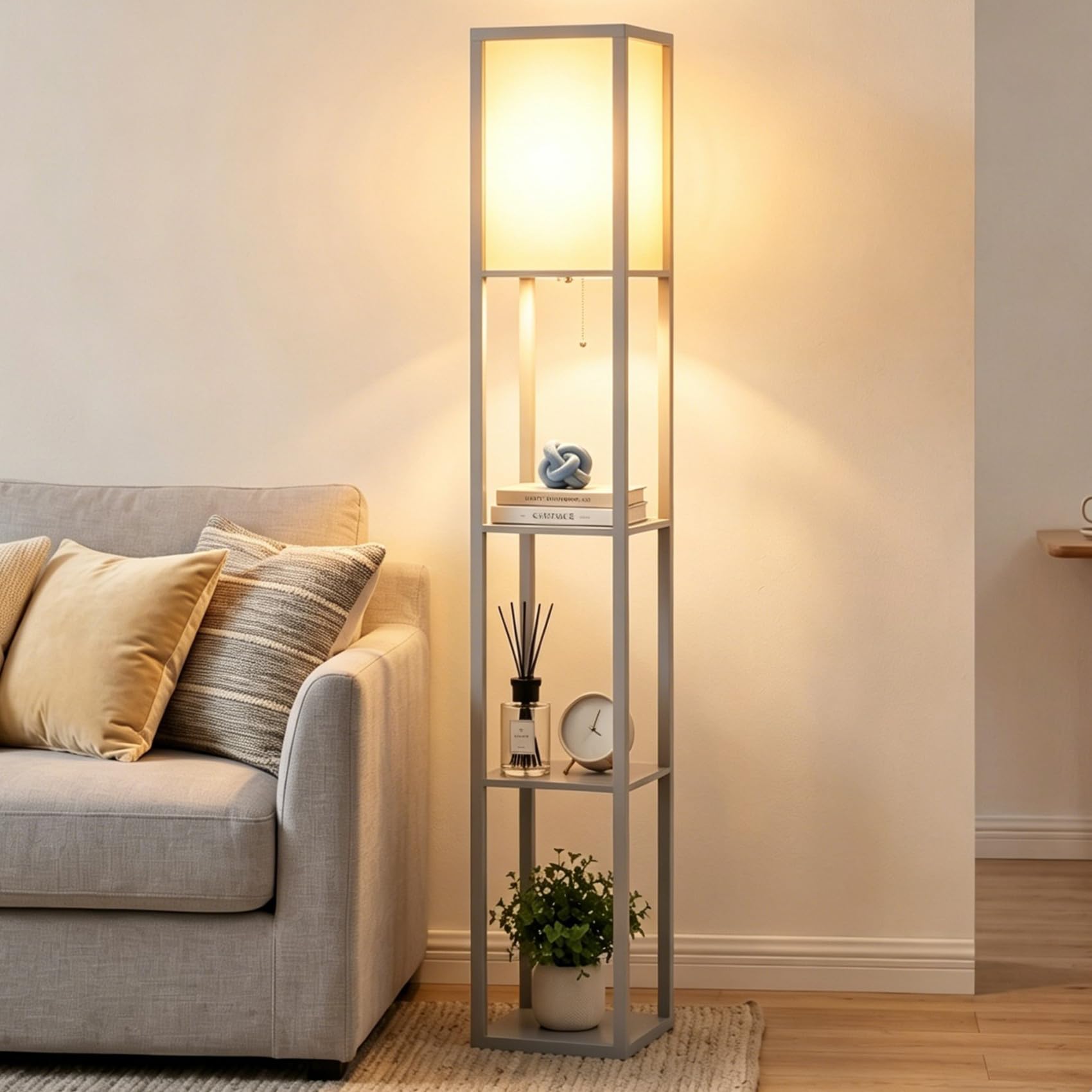 ARTETHYS Floor Lamp with Shelves, Standing Lamps for Living Room, Tall Lamp with LED Bulb, 3-Tier Storage Shelf, Modern Standard Wooden Lamp for Bedroom, Home Office, Grey