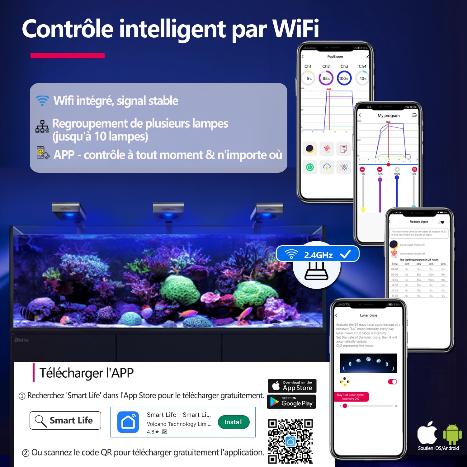 PopBloom RL115 WiFi Éclairage LED Pour Aquarium Récifal 120W, APP Programme Rampe LED Aquarium Eau de Mer Spectre Complet pour Aquarium de Corail, L'APP prend en charge le français