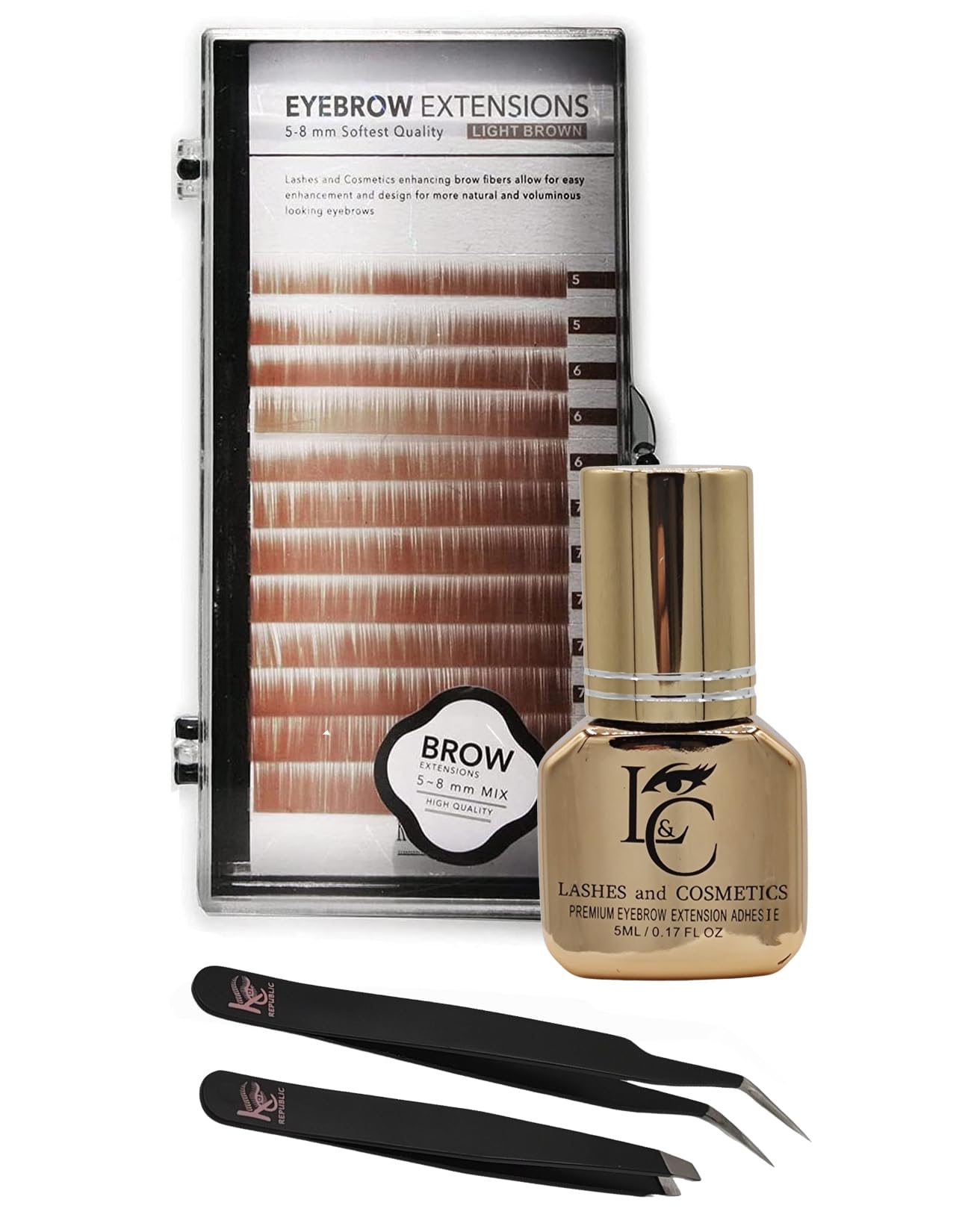 KC Republic Lash Eyebrow Extensions Kit with 1 x Trays of Mink False Eyebrows in Light Brown Comes on Mixed Length Trays 5-8mm, Brow Glue Clear & Dual