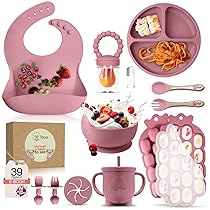 O’doe Set di 15 pezzi per lo svezzamento a LED per bambini, set per l’alimentazione del bambino, ciotola in silicone con aspirazione, utensili per mangiare da soli con cucchiai, tazza, bavaglini