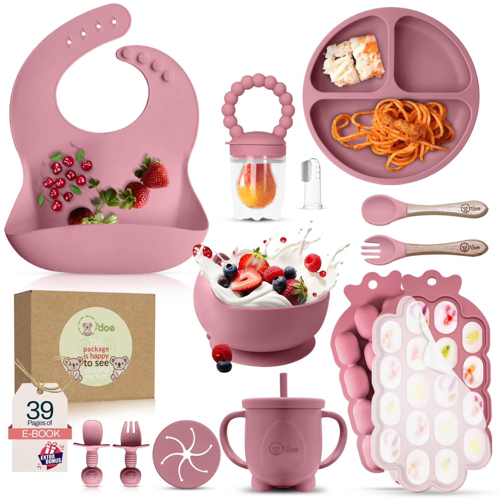 O'doe Baby Weaning Set, 15 Pcs Silicone Baby Feeding Set including Suction Plate, Bowl, Bib, Sippy Cup, Fruit Feeder