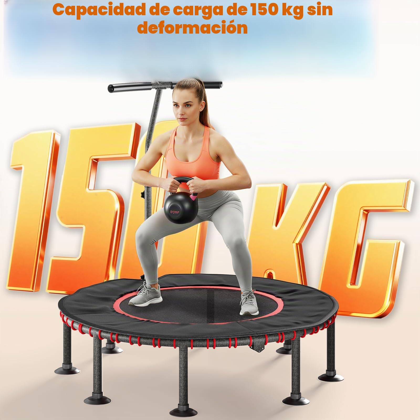 LIFERUN Trampolín de Fitness para Interior | Cubierta Protectora Acolchada | hasta 150 kg de Capacidad Carga | 3 Alturas Asa Ajustables | Sin Instalación | Niños Adultos | Ø102 cm/Ø122 cm | Hogar