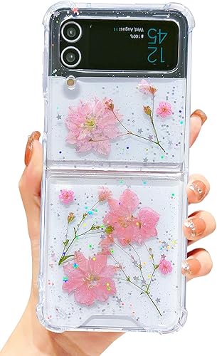 Abbery Funda transparente para Samsung Galaxy Z Flip 3 5G, transparente y con diseño de purpurina bonita con purpurina floral prensada de