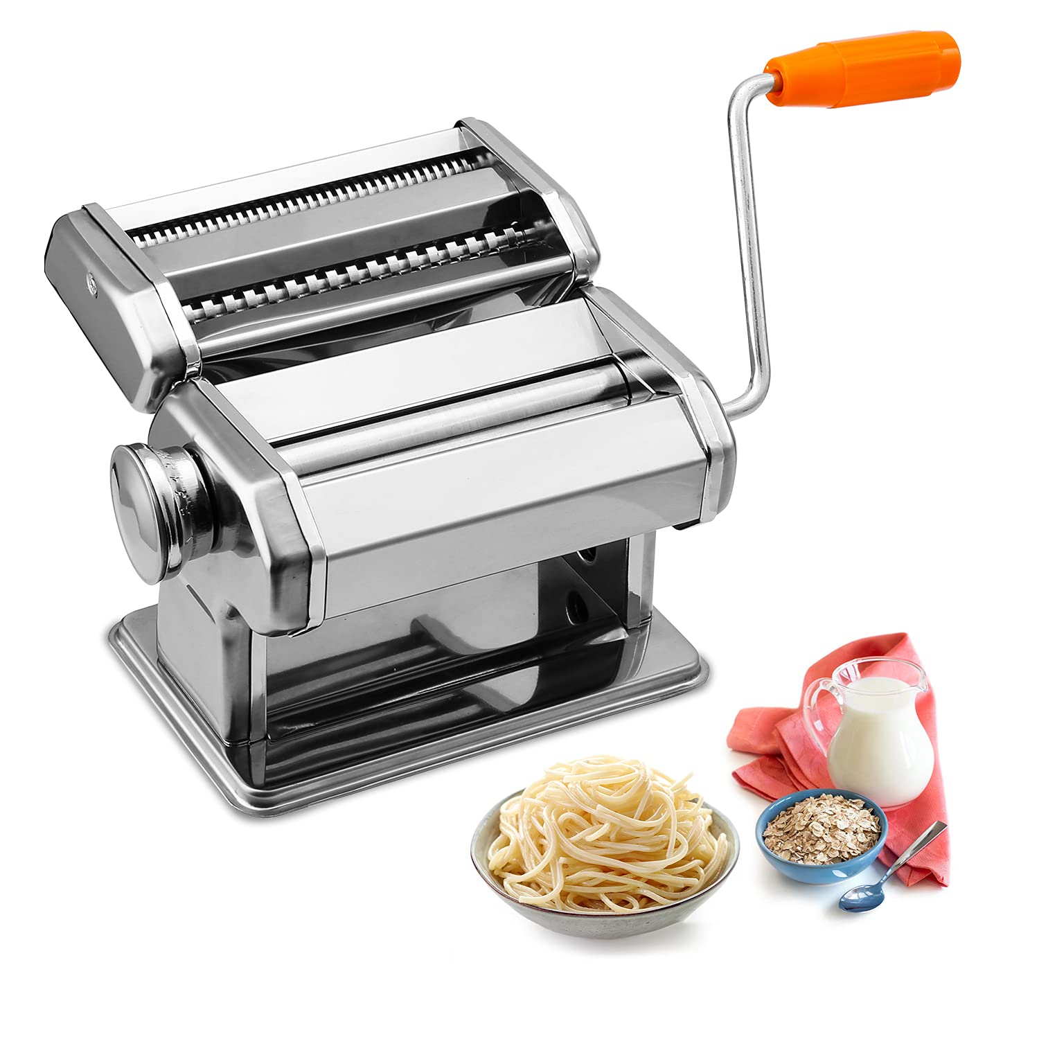 Fiqops Máquina manual para hacer pasta de acero inoxidable, 7 ajustes de grosor ajustables, máquina para hacer pasta con 2 cortes, para hacer espaguetis frescos, lasaña.