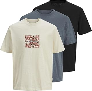 جاك اند جونز تي شيرت جورسليت مطبوع عليه شعار العلامة التجارية للرجال باكمام قصيرة وقبة دائرية بدون طوق من 3 قطع ام بي عصري