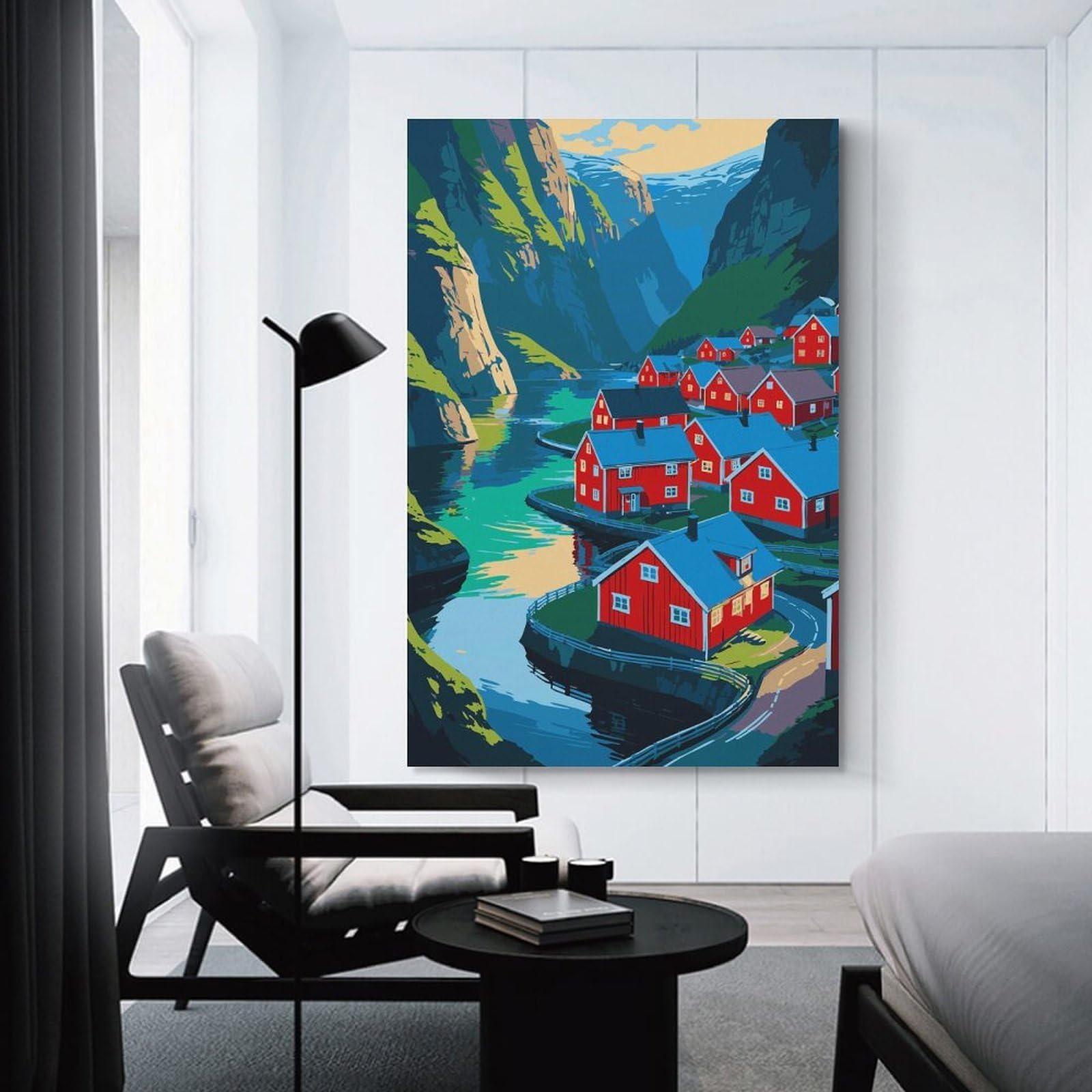 Junmoney Colorful Fjord Village Illustration Canvas Art Print, 12x18inch(30x45cm), for Wall Displays, Bedrooms Or Room Updates, Home Wall Art for Statement Displays