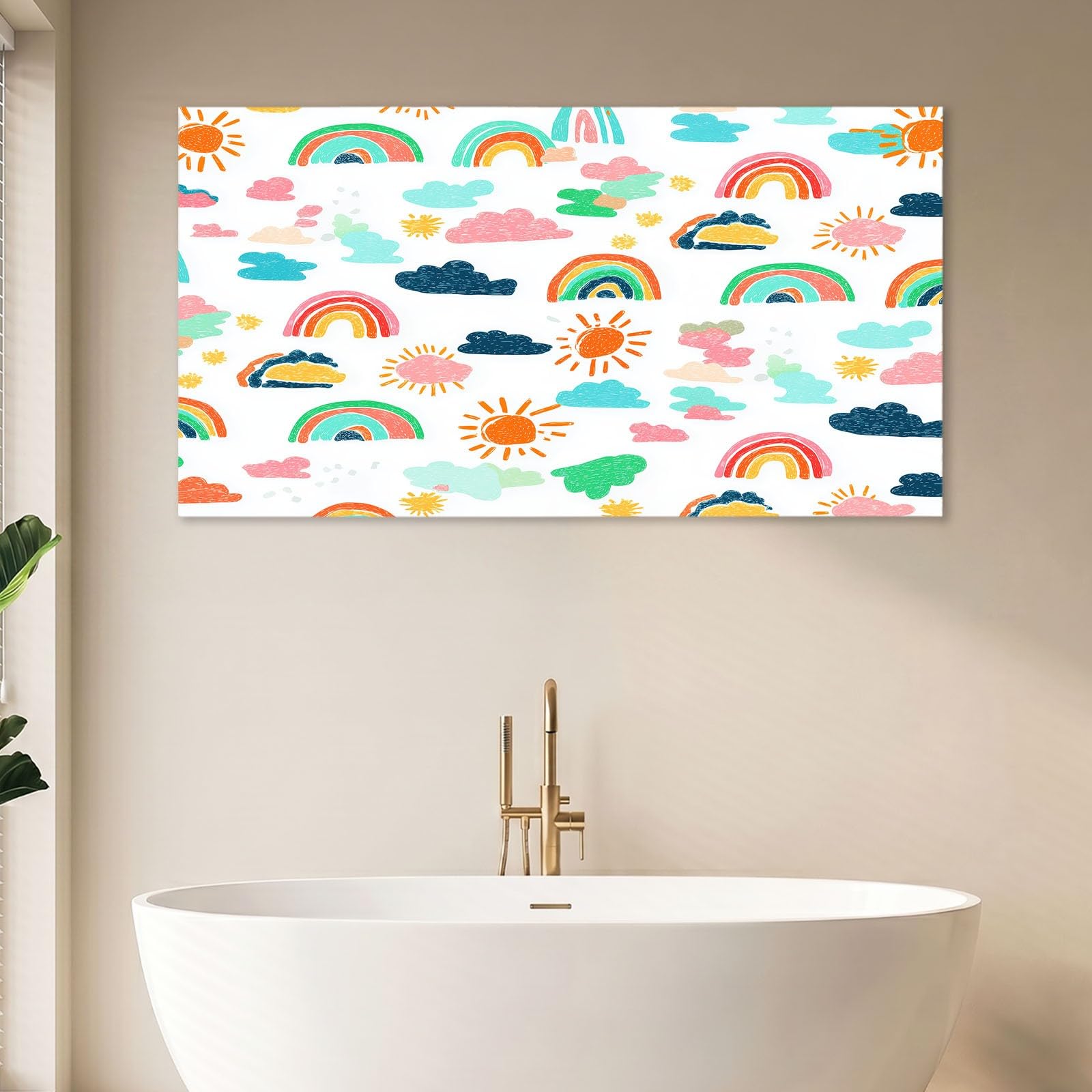 Genérico Impresión sobre lienzo de dibujos animados Cuadro Decoración de pared, Pintura 120 x 80 cm, blanco arco iris sol nubes – Carteles Art para sala de estar, dormitorio, cocina, oficina