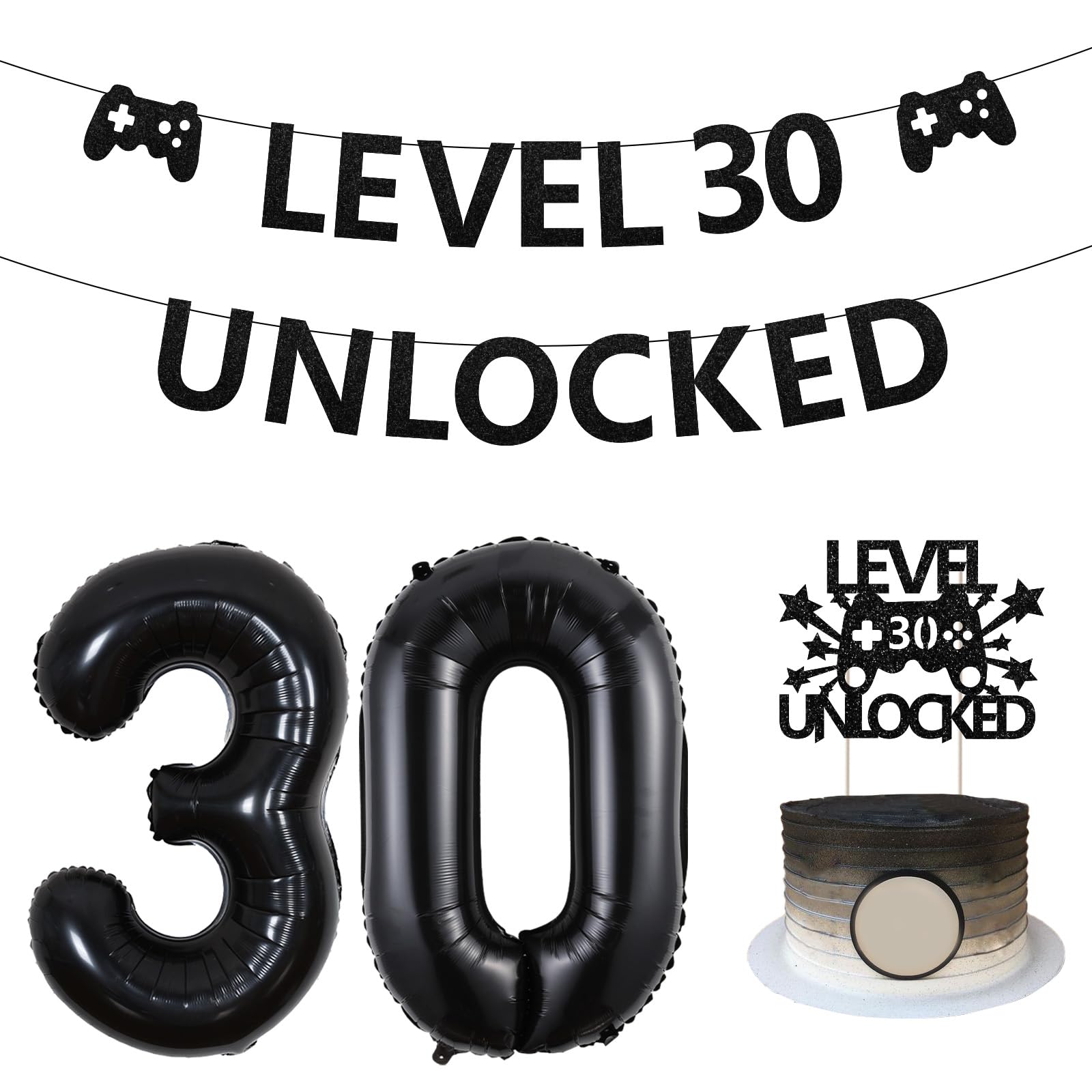 "Level 30 Unlocked" Glitter Birthday Banner - Funny 30th Party Sign For Indoor/Outdoor Decor (Black)