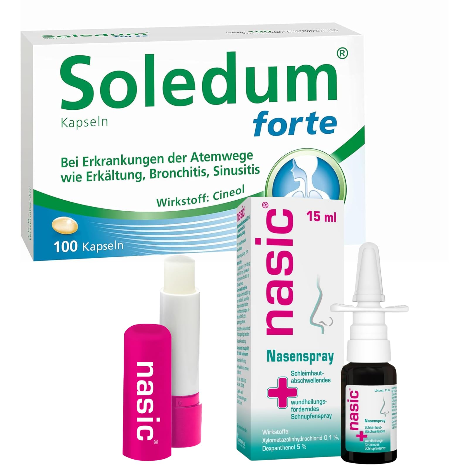 Erkältungsbundle 3er Set | Soledum Kapseln forte -100 Kapseln | nasic Nasenspray mit dem Wirkplus - 15 ml | nasic Lippenpflegestift
