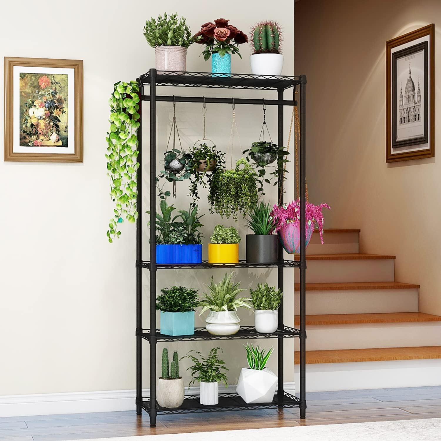 Xiofio Plant Shelf for Indoor Plants Outdoor,Metal Plant Stand,Tier Plant Stand,Adjustable Plant Shelves with Hanging Rod for Bedroom Living Room Balcony Garden,Black