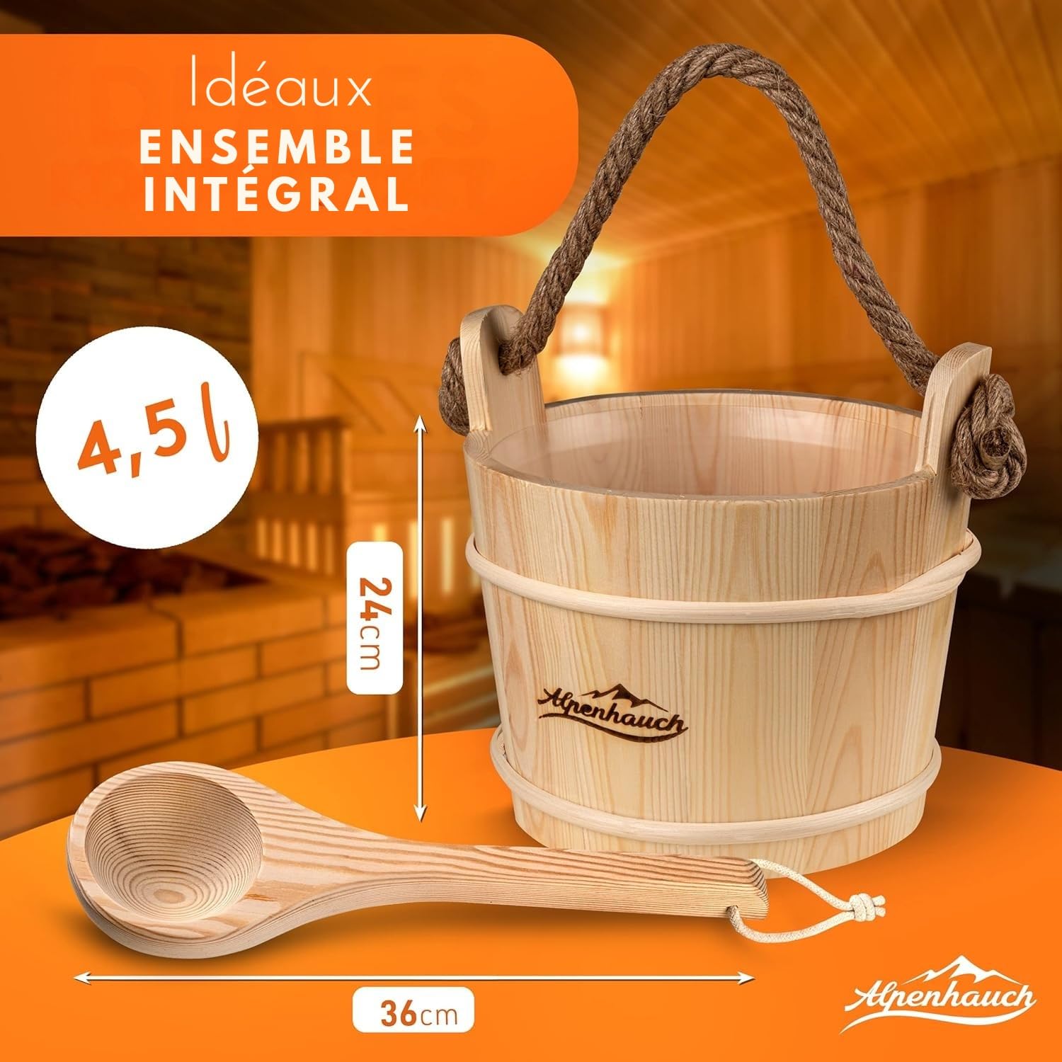 ALPENHAUCH Seau de sauna avec truelle [100% bois naturel] – Seau de sauna élégant avec truelle – Accessoires de sauna durables – Ensemble seau à infusion