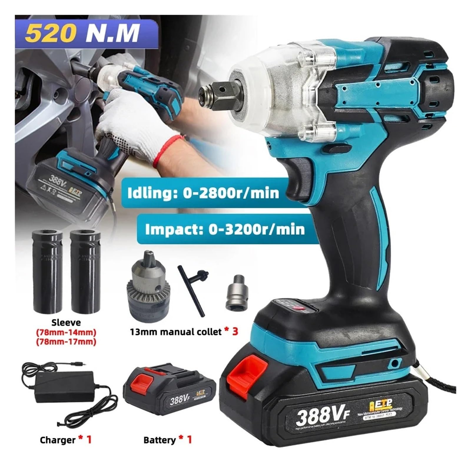 Llave de Impacto Llave De Impacto Eléctrica Inalámbrica De 520N.m, Llave Eléctrica Sin Escobillas, Taladro Manual, Herramienta Eléctrica For Batería De 388V