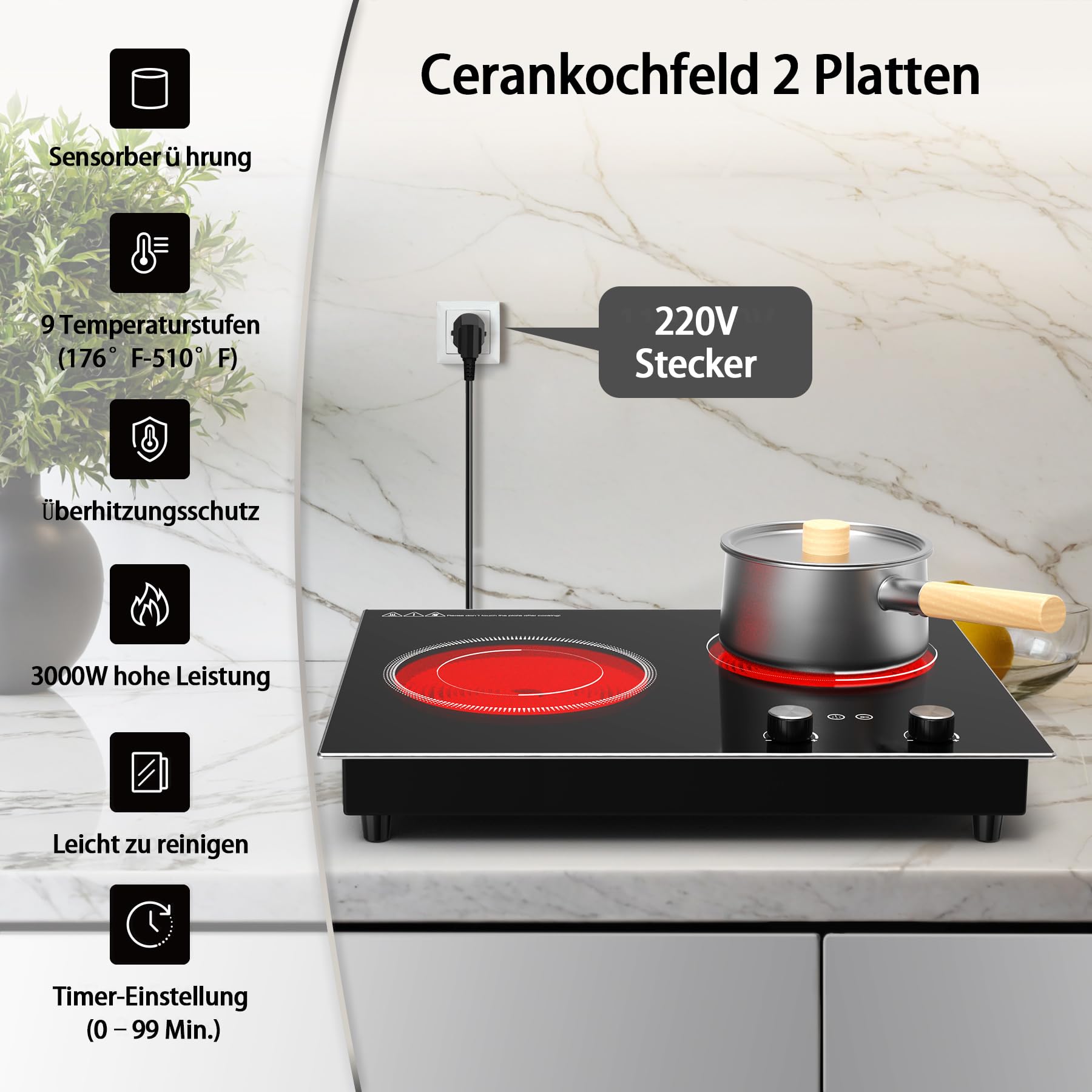 VBGK Cerankochfeld 2 Platten 3000 W Einbau Kochfeld mit 9 Heizstufen Timer Kindersicherung LED-Touch-Steuerung