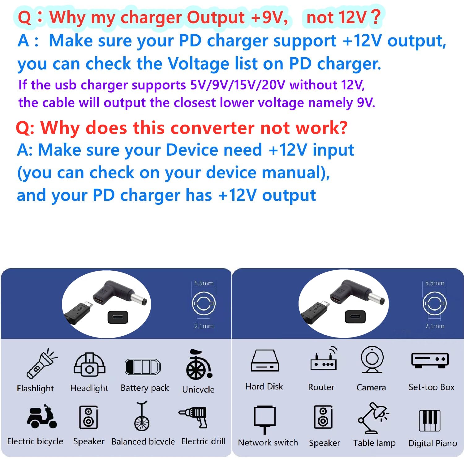 Snapklik.com : Female USB C To Male DC 5.5mm X 2.1mm Converter, 12V 3A ...
