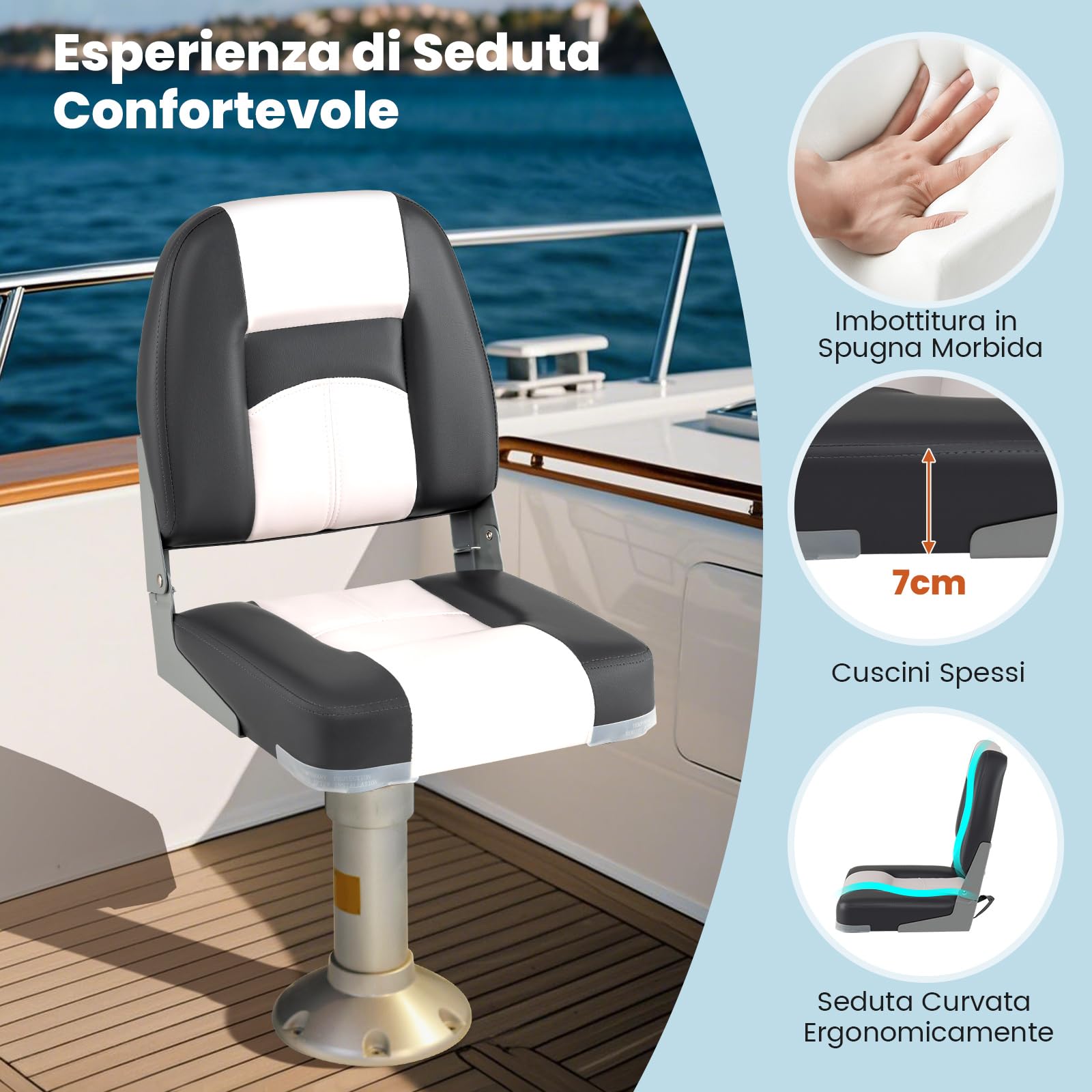 COSTWAY Set di 2 Sedie da Barca, Sedili Alti da Barca Pieghevole Morbide Imbottite Spesse, Sedile Nautica Ergonomico per Imbarcazioni da Pesca, 42 x 49 x 51 cm, Grigio e Bianco