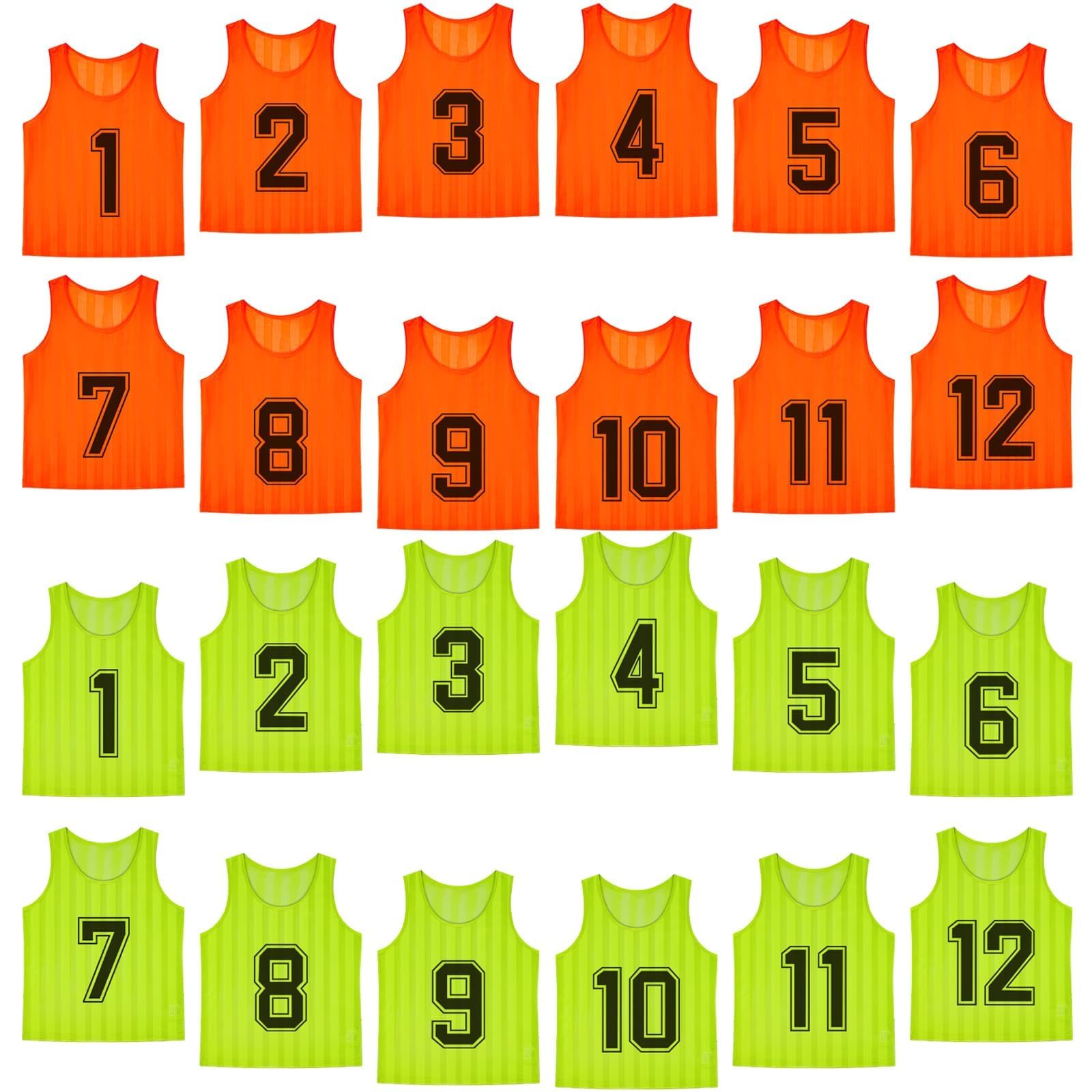 Lot de 24 Chasubles Enfant Numérotées – Gilets d’Entraînement en Maille pour Équipe Sportive, Maillots de Football Enfants pour Matchs, Basketball, Volleyball, Jeux Collectifs – Orange & Vert