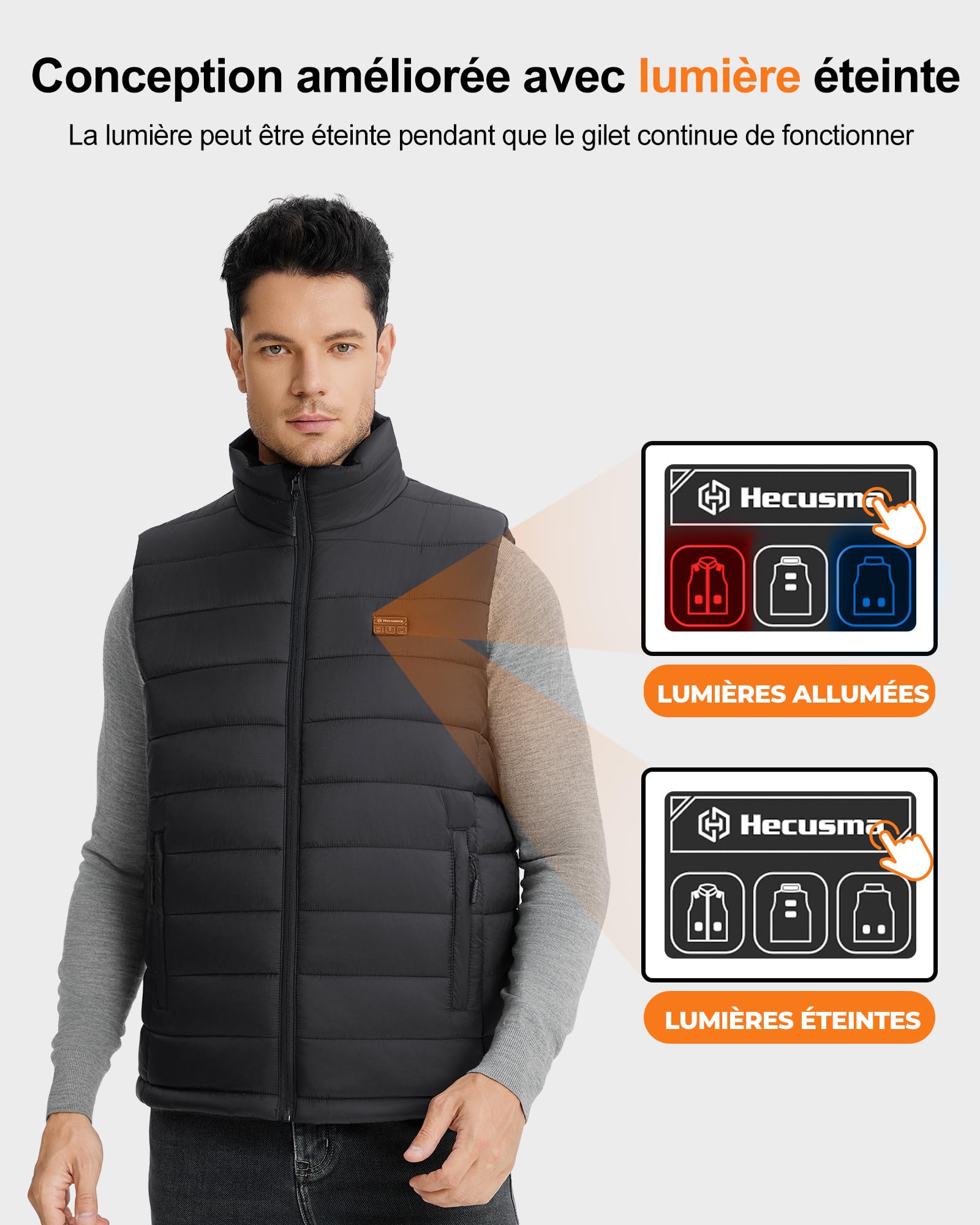 Gilet Chauffant Homme avec Batterie incluse 16000mAh 7.4V, Veste Chauffante Homme Conception Sans Lumières, Gilet Chauffant Electrique pour de Plein Air Sports Hiver