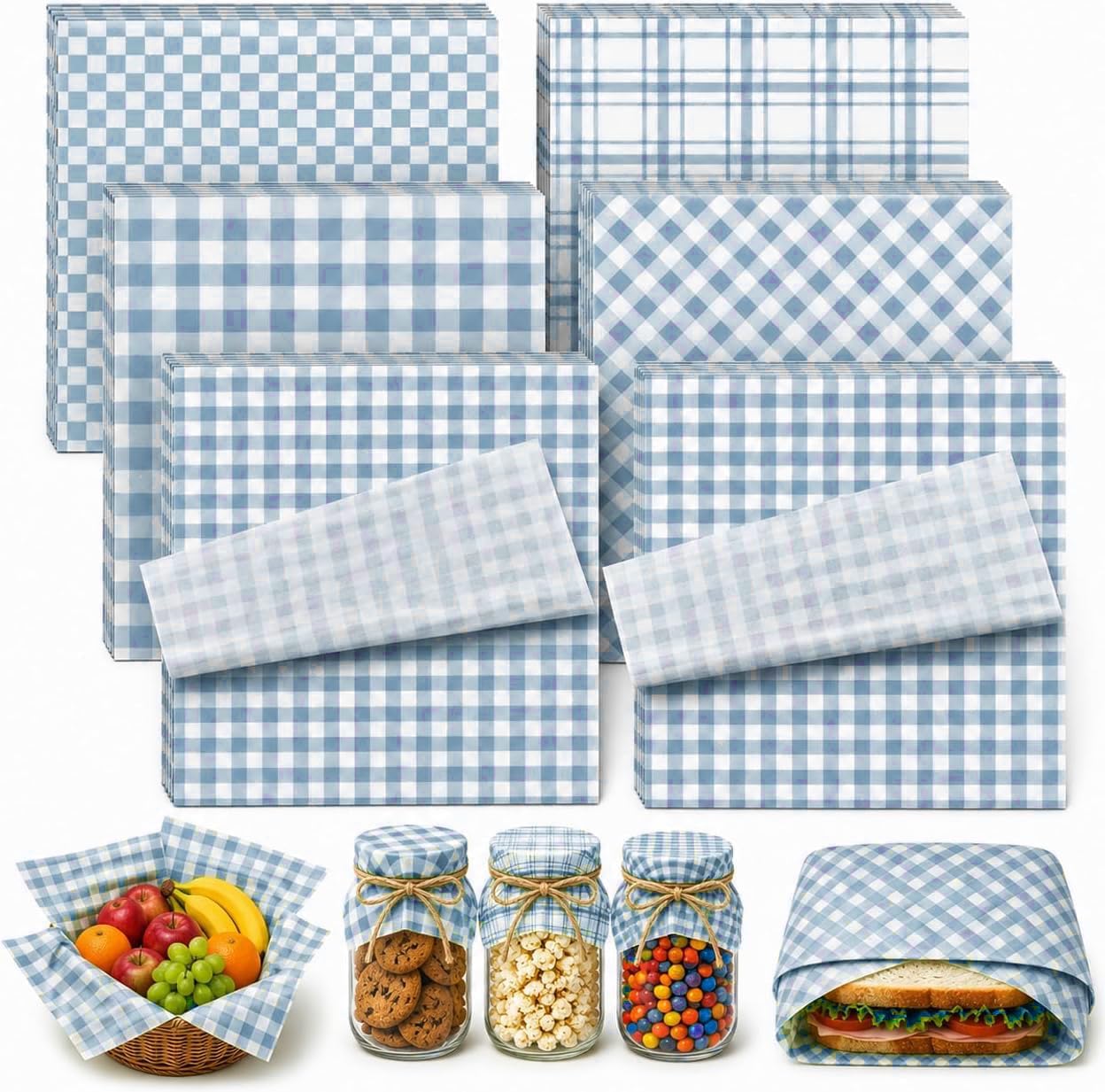 240 Sheets Dusty Blue Buffalo Plaids Wax Paper for Food Deli, 9.8 x 8.3'' Blue Lattice Checkered Sandwich Wrapping Paper for Birthday Picnic Liner Wedding Party Supplies
