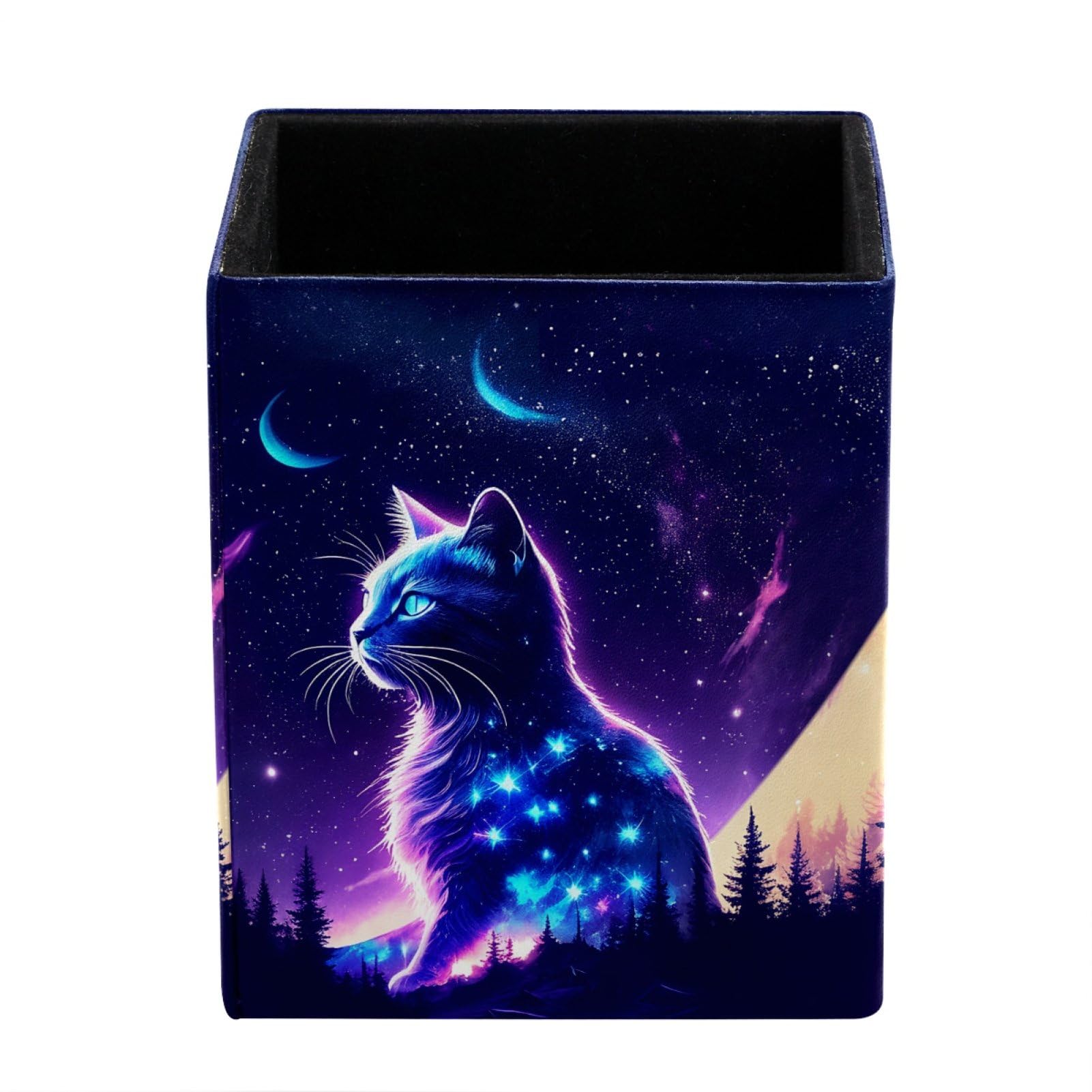 FWJZDSP Purple Starry Sky Cat PU Leather Pencil Organizer, Makeup Brush Holder, Office Decor and Desk Accessories Durable
