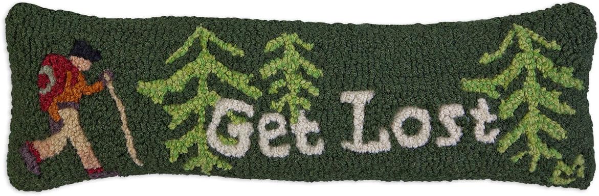 Artist-Designed Get Lost Hiker Hand-Hooked Wool Decorative Throw Pillow (8 in x 24 in) Lake & Lodge Pillow for Couches & Beds - Low Maintenance-Mountain Hiking-Themed Lumbar Pillow