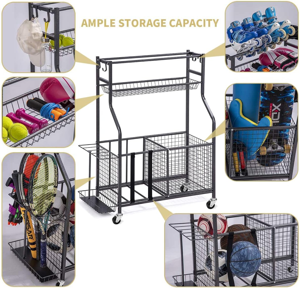 Garage Sports Equipment Storage Organizer with Baskets and Hooks - Easy to Assemble - Sports Ball Gear Rack Holds Basketballs, Baseball Bats, Footballs, Tennis Rackets and More