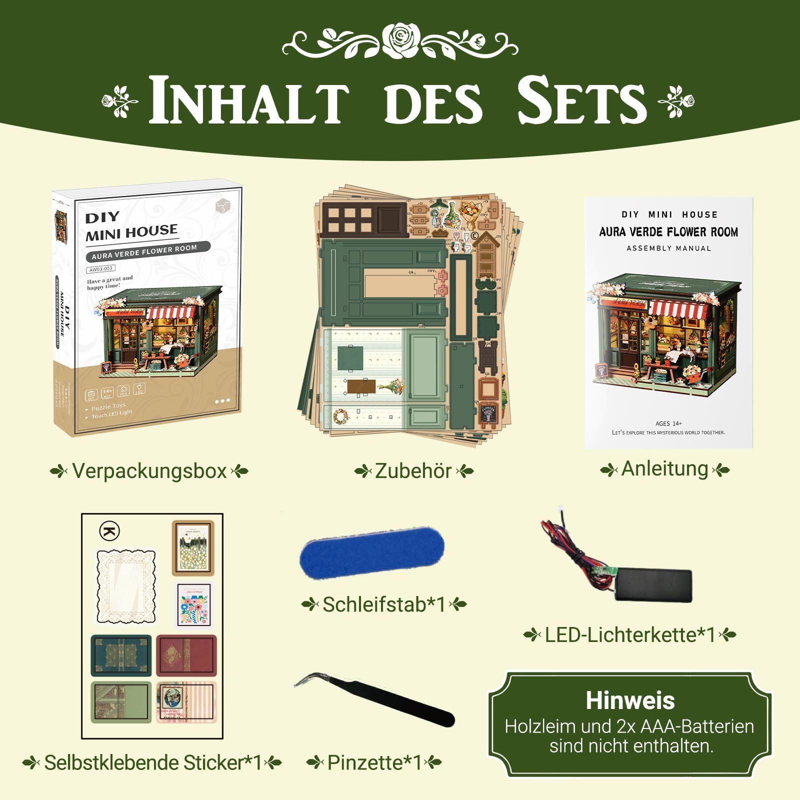 Book Nook Kit – DIY Miniatur Blumenladen Aura Verde – Kreativer Book Nook Bausatz – 3D Holzpuzzle Bücherstütze mit LED-Licht – Romantische Dekoration & Geschenk