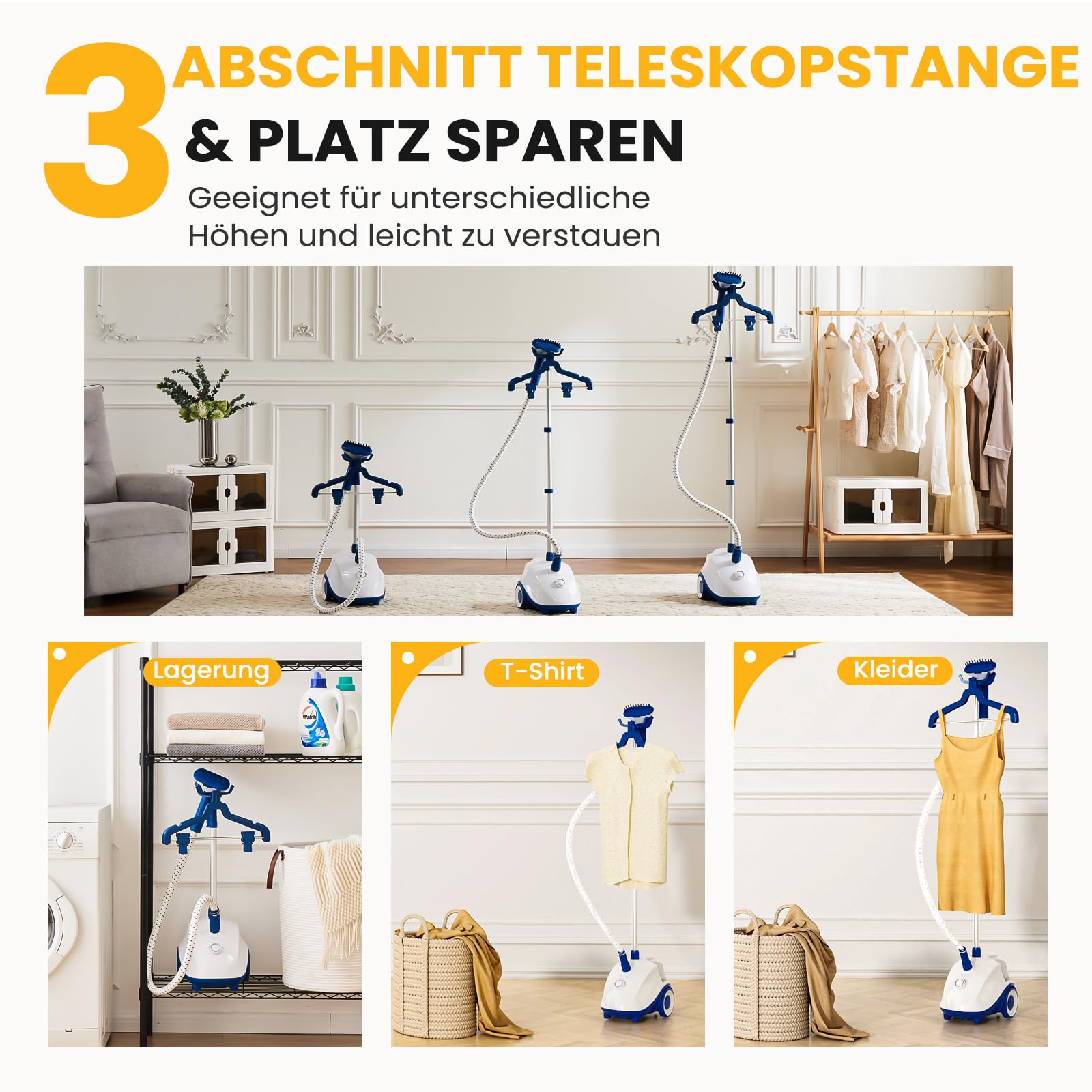 Sweetcrispy Kleiderdampfer 1500 W, leistungsstarker Steamer, vertikaler Dampfbügler mit Rollen, 1,7 L Wassertank (bis zu 55 Min.), professioneller Faltenentferner, Aufheizzeit 45 Sek