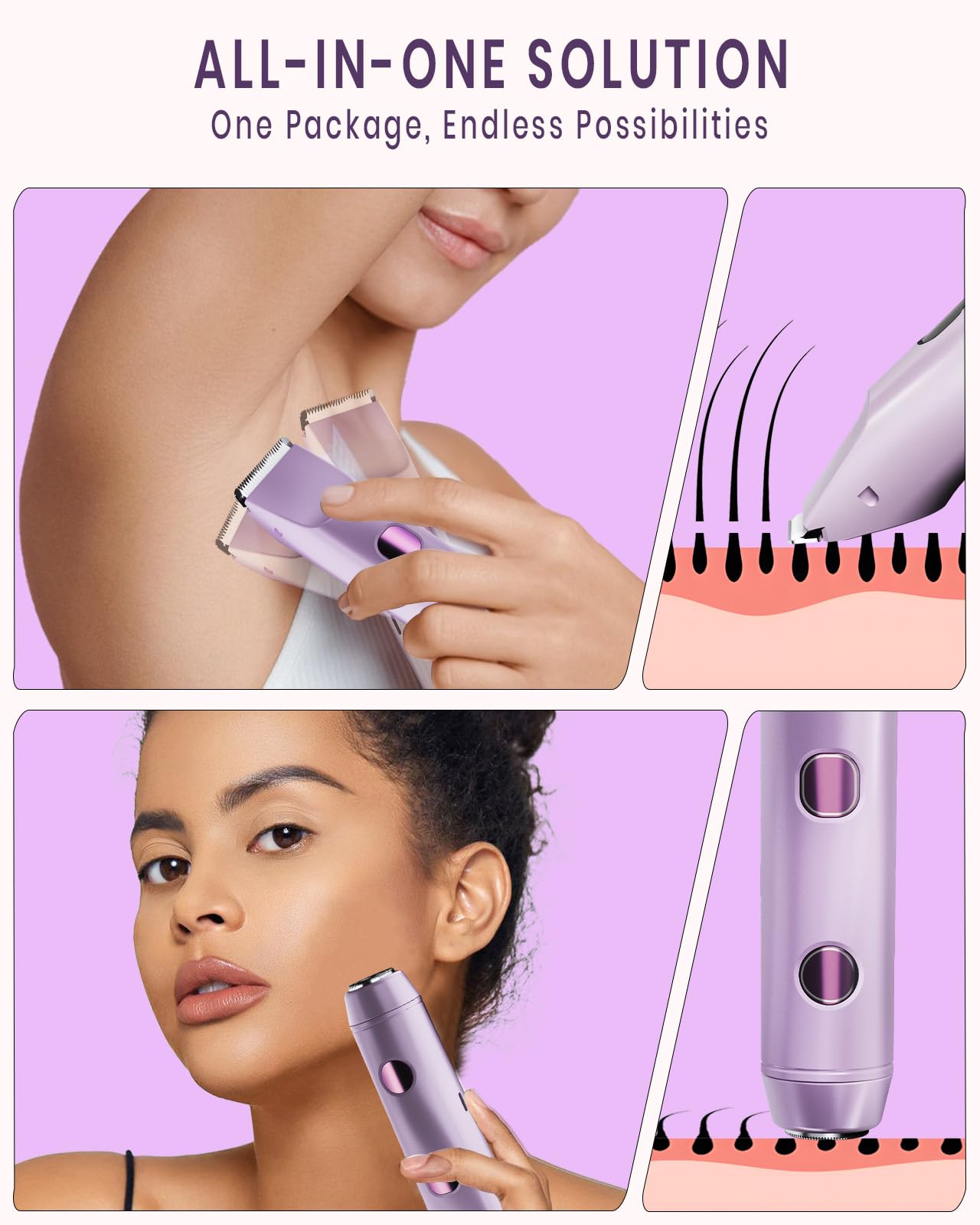 2-in-1 Bikini Trimmer für Frauen, IPX7 Wasserdichter Elektrischer Rasierer, Körperhaarschneider & Elektrischer Rasierer für Gesicht, Lippen, Schambereich, Beine, Lila