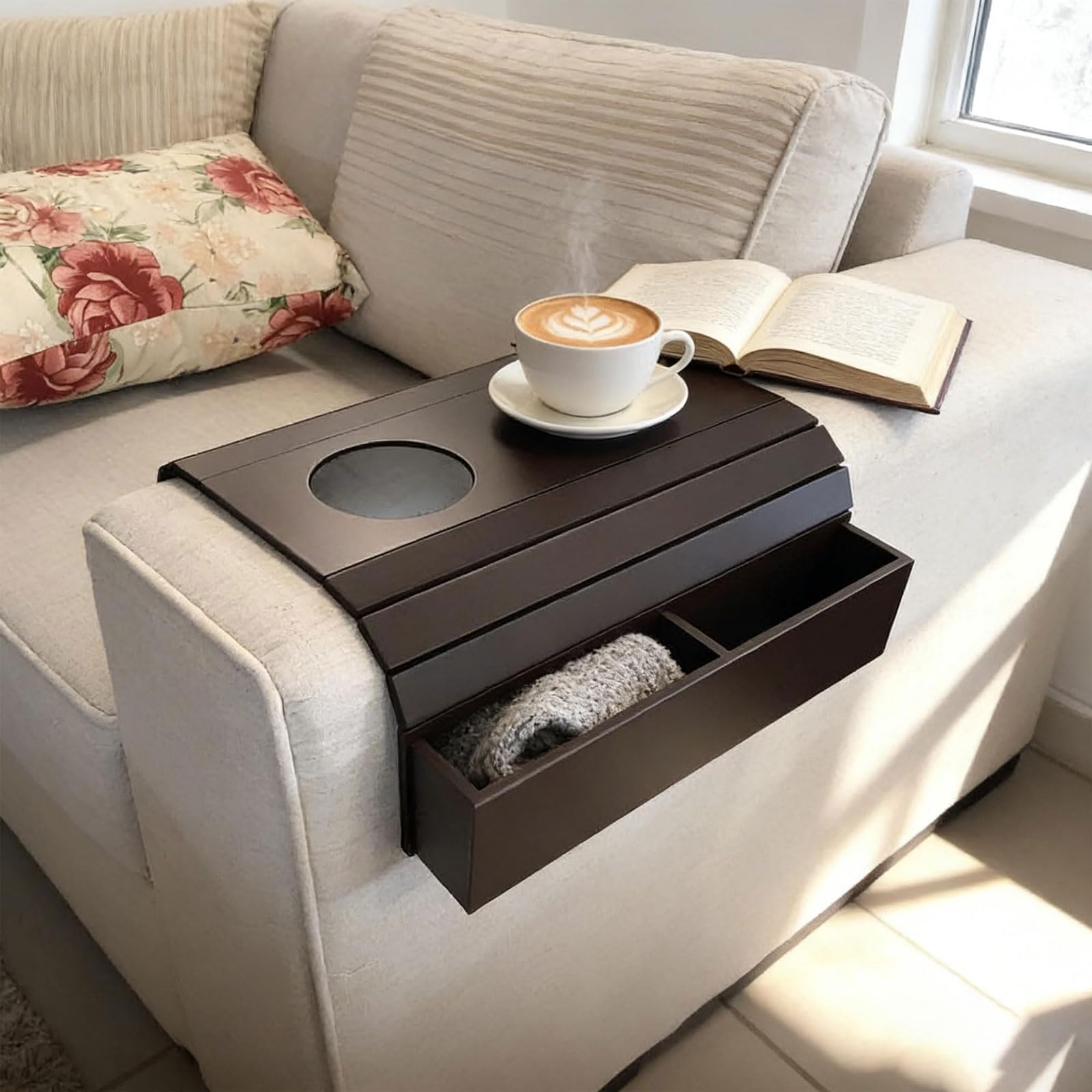 Organizador De Reposabrazos Sofá,Bandeja para Brazo de Sofá,con 2 Portavasos,Plegable con Bolsillo Lateral,para Hogar,para Revistas Snacks o Bebidas y Remoto,Teléfono
