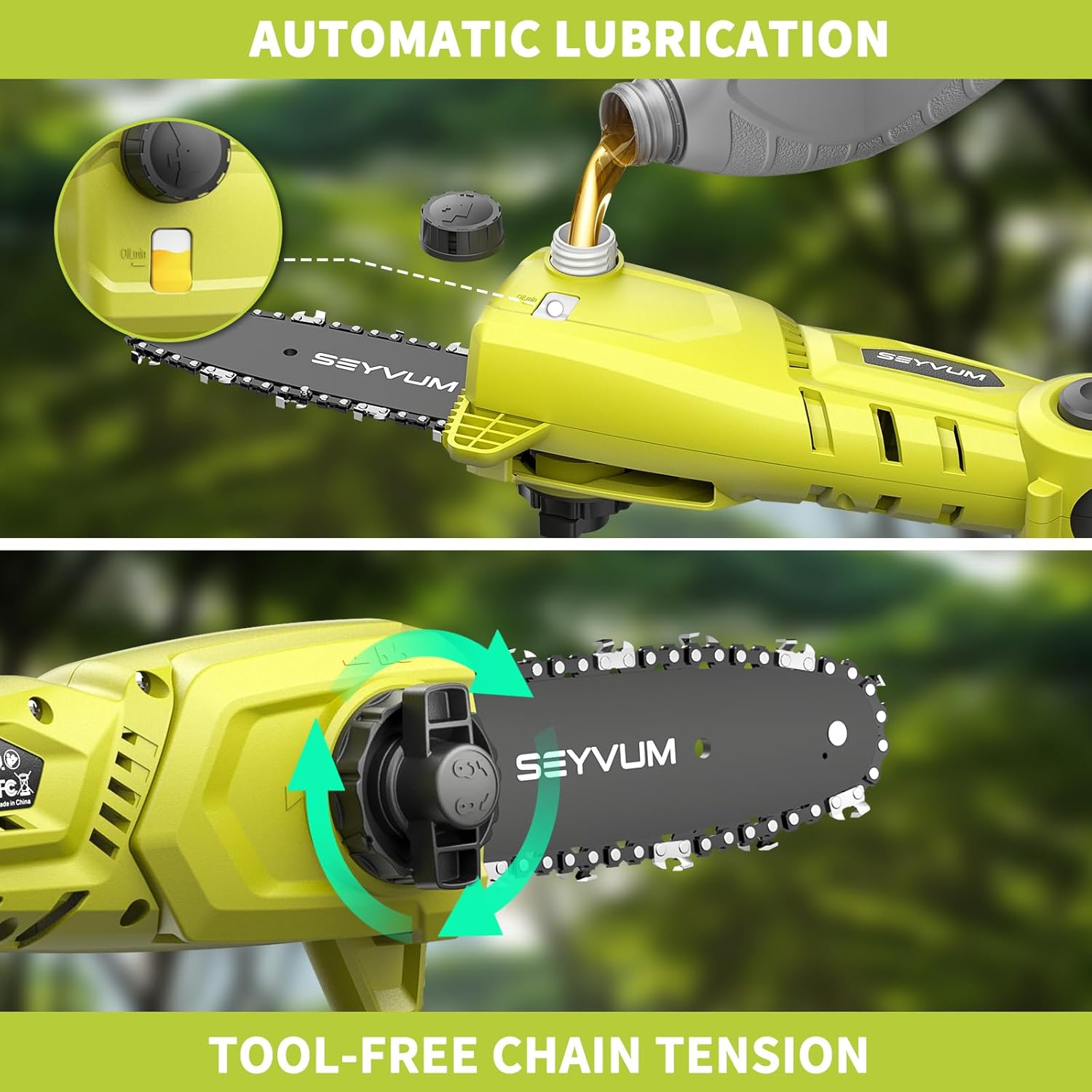 SEYVUM Pole Saw 8-Inch Cordless Pole Saws for Tree Trimming, 15FT Max Reach, Auto Oiling, Multi-Angles, Tool-Free Tensioning Electric Pole Chainsaw, 2.0Ah Battery and Charger Included