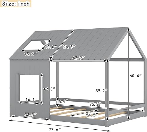 Miniatura 2 de Merax Cama de madera de tamaño completo con techo y ventana, color gris