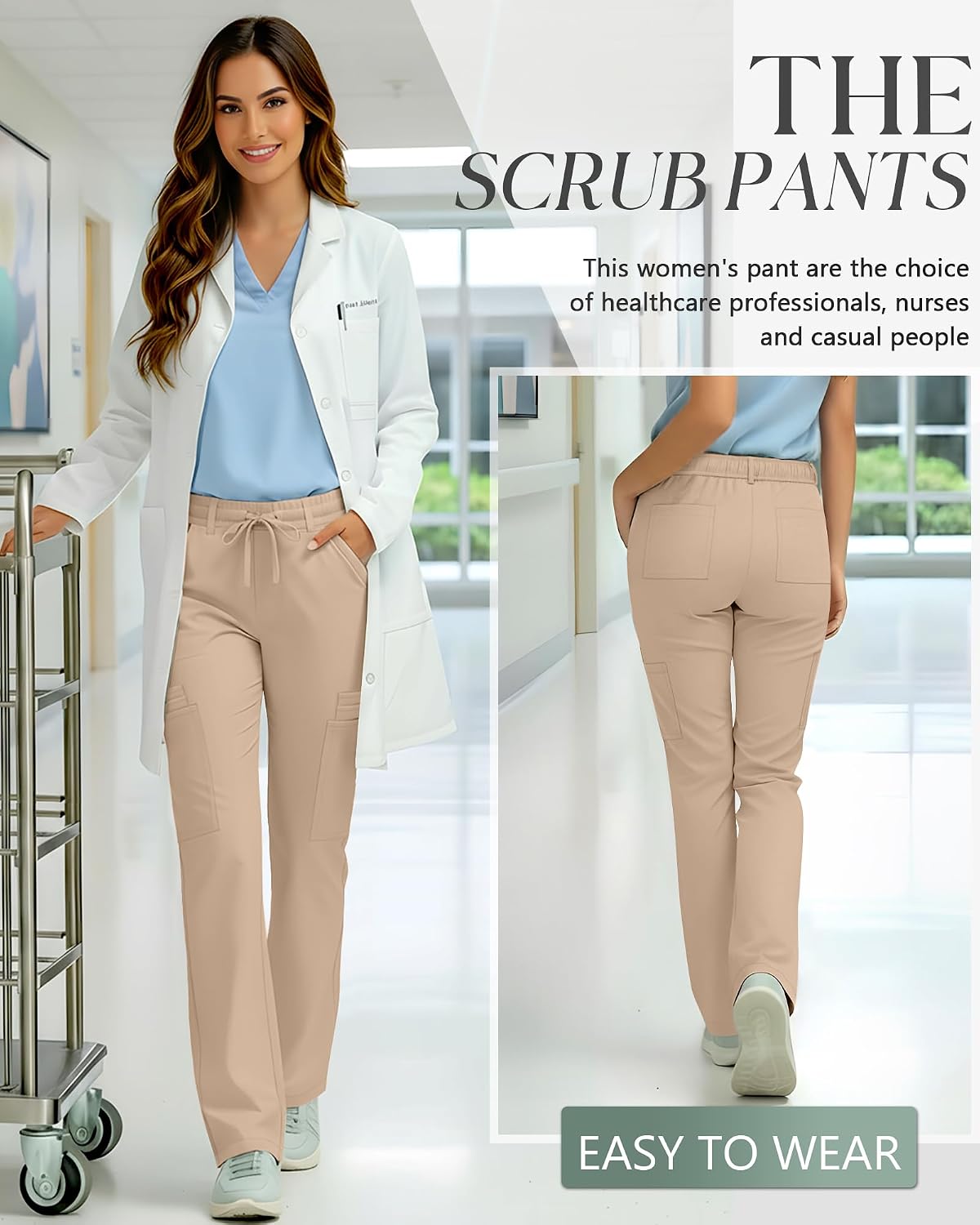 Oakgarden Women's Scrubs Pants Medical Mid Rise Cargo Pants with 6 Pockets Straight Wide Leg Drawstring Stretch Scrub Bottoms