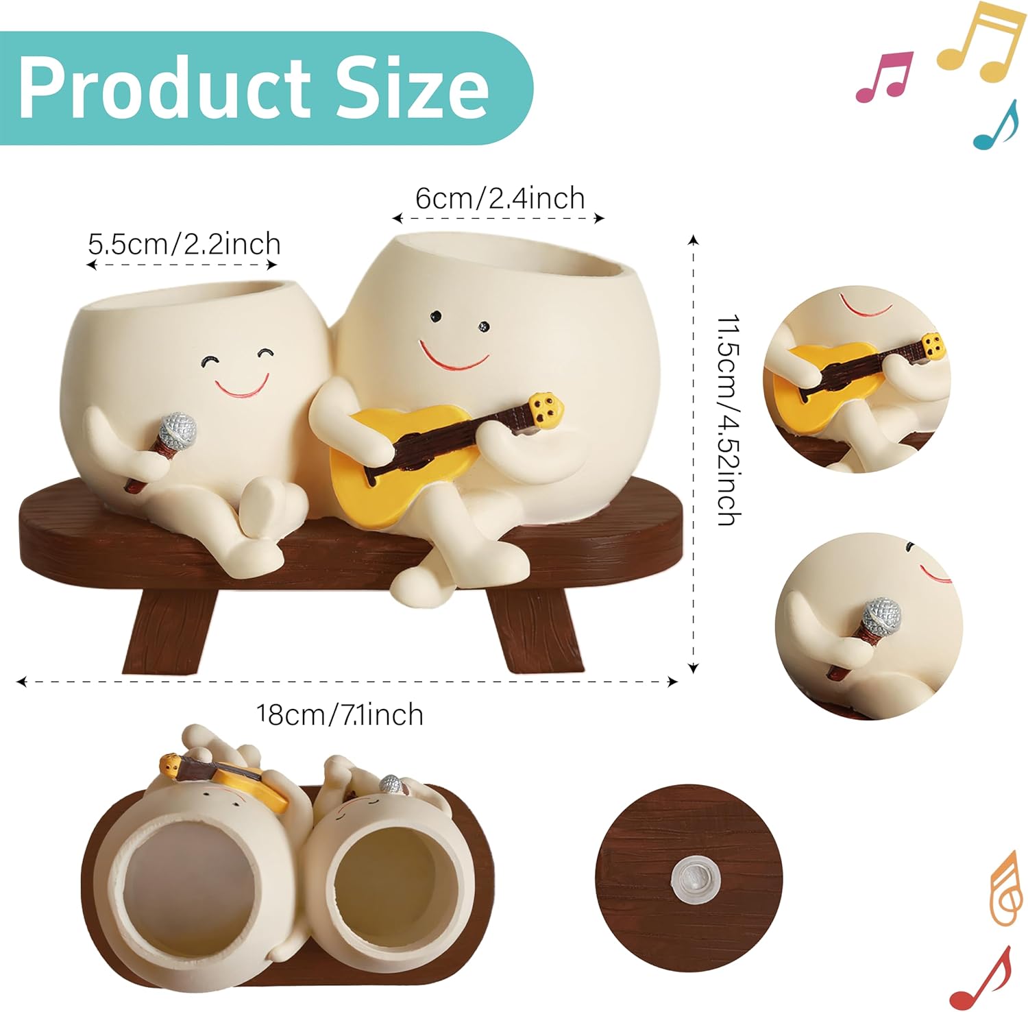 yiilead Smiley Face Planter Pot,Unique Double Head Guitar Singing Planter,with Drainage Hole Resin Cute Plant Pot,for Indoor Outdoor Plants