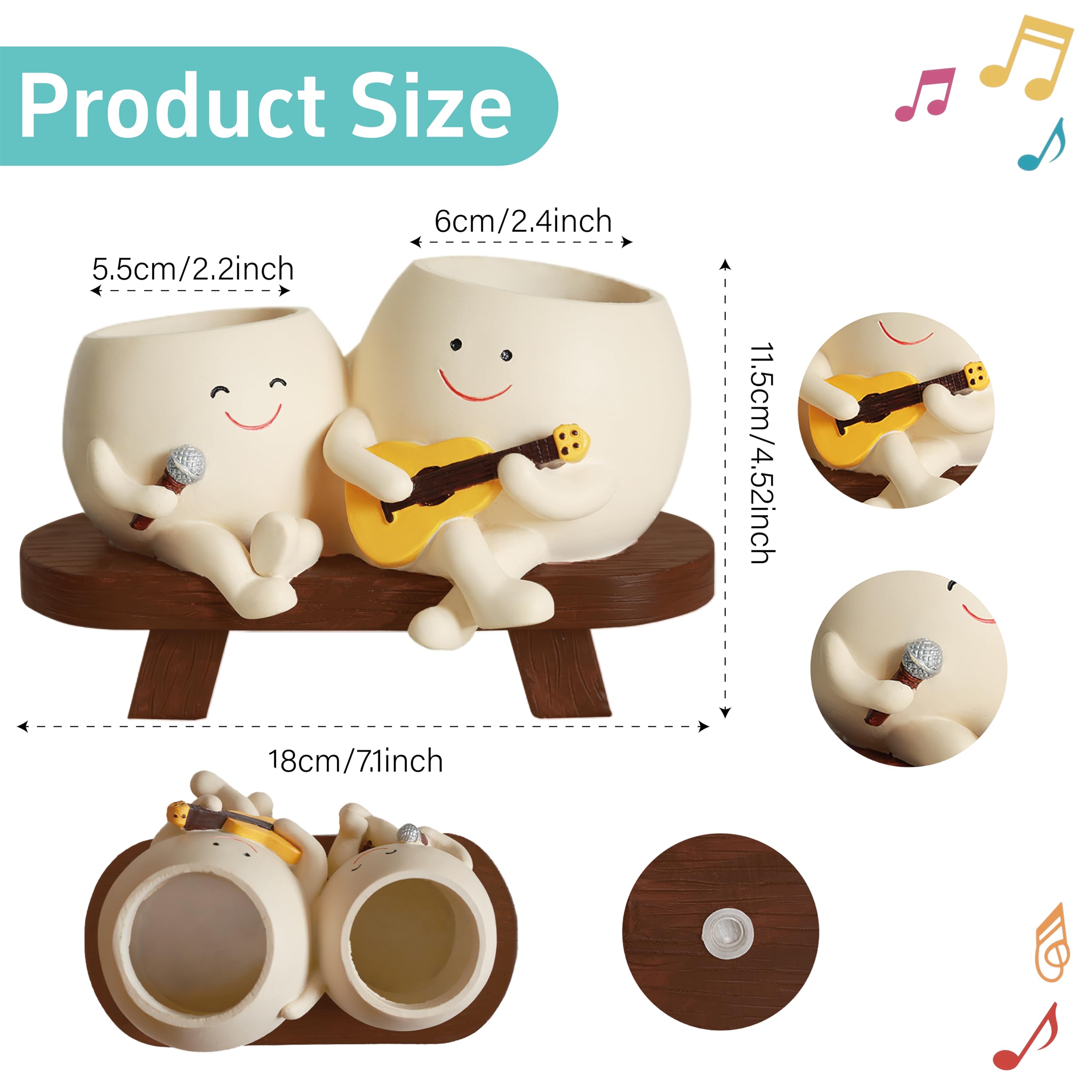 Pot de Fleurs en résine avec Motif Smiley à Double tête de Guitare,Pot de Fleurs Unique pour l'extérieur et l'intérieur,avec Trou de Drainage,Cadeaux pour Papa et Maman