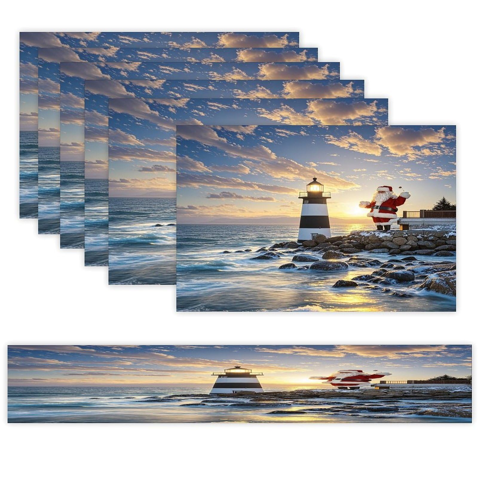 Santa Claus Lighthouse Table Runner and Placemats Set of 6 Heat Resistant Washable Table Runners Dining Mat Sets Modern Cloth Place Mats Linen Table Decor for Kitchen Dining Room