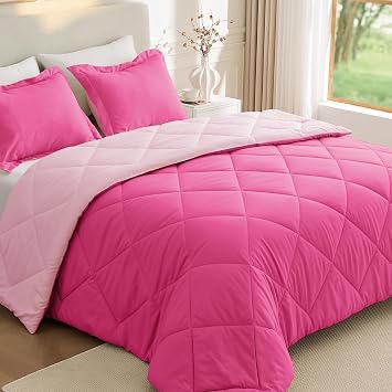 JOLLYVOGUE Queen Comforter Set, Ultra Soft Reversible Bedding for All Seasons, 3 Pieces Down Alternative Bed Set Includes 1 Lightweight Comforter and 2 Pillow Shams, Hot Pink/Baby Pink