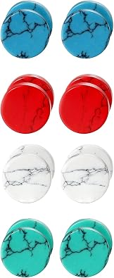 4 Pairs Unisex Marble Stone Screw Stud Earrings Set,Cupimatch Ear Piercing Plugs Faux Gauges Illusion Tunnel Earrings for Mothers Day 10mm
