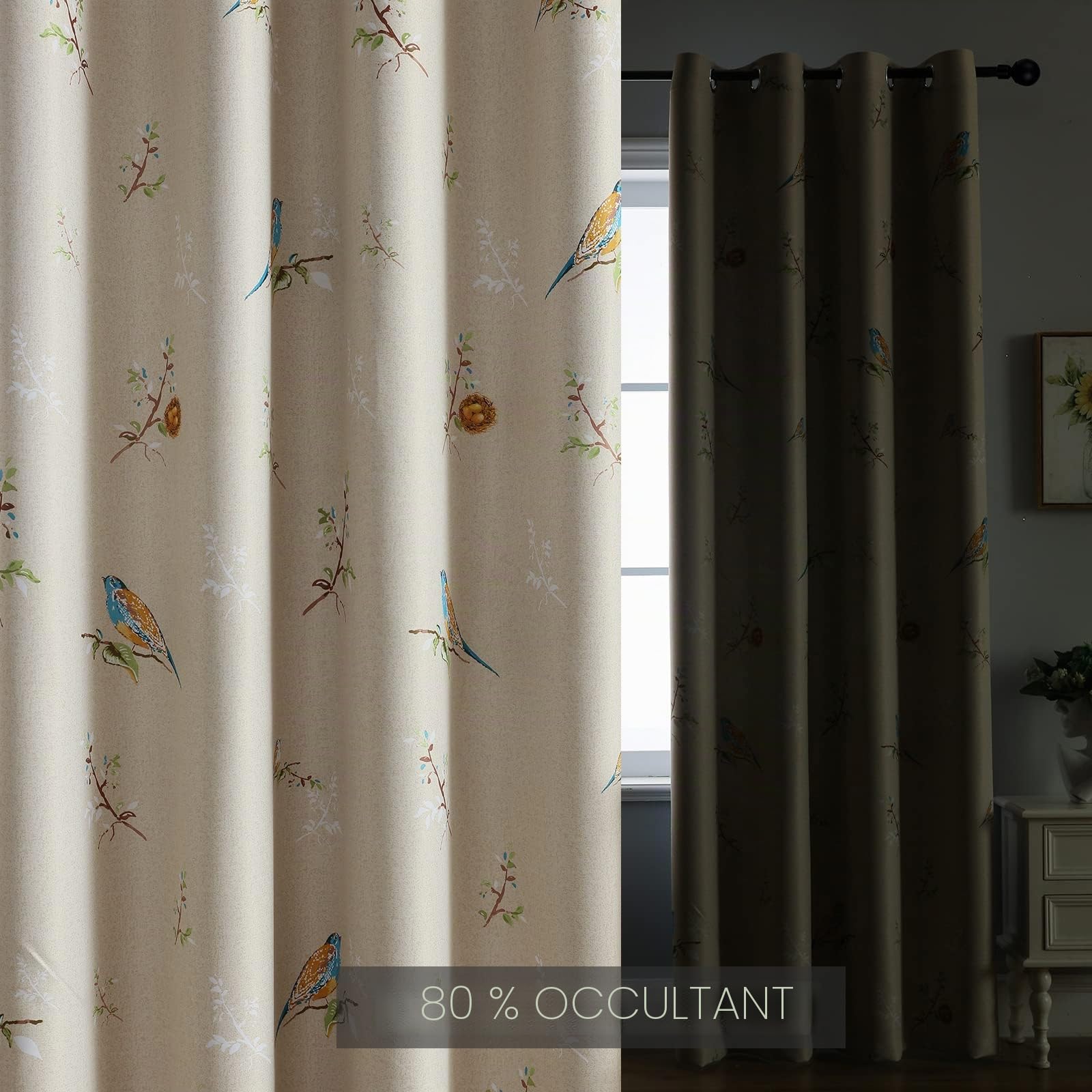 SUOUO Rideaux occultants Double Face à Motif Oiseaux pour Chambre à Coucher - 213 cm de Long - 2 Panneaux à Isolation Thermique - Taupe