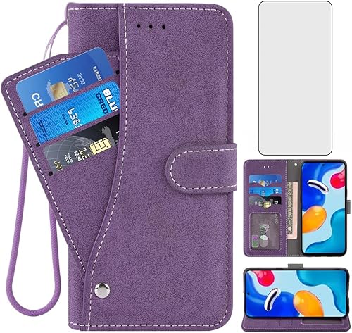 Asuwish Funda de teléfono para Xiaomi Redmi Note 11S11 4G, funda tipo cartera con protector de pantalla de vidrio templado, tarjetero con función