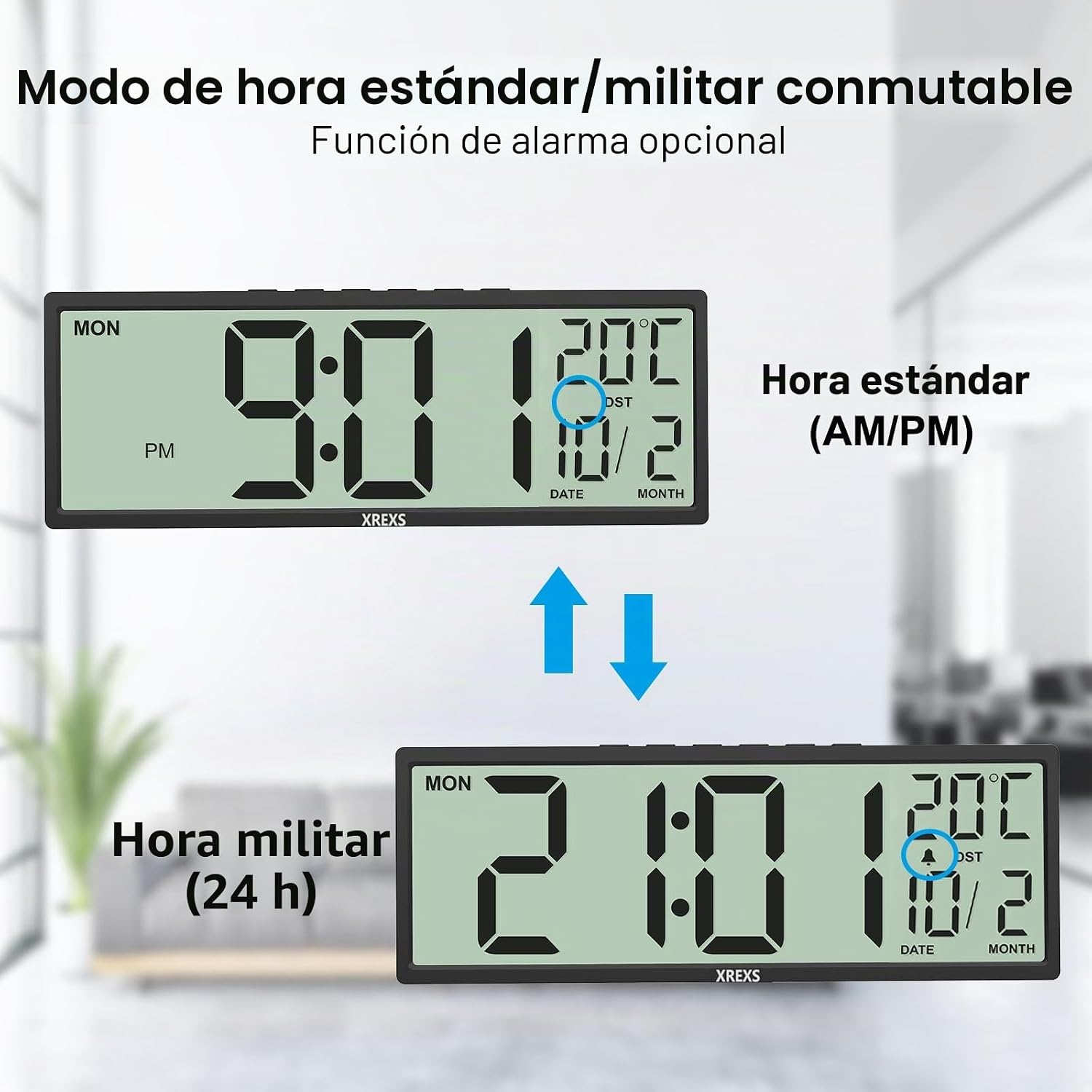 Comparison of 12-hour (AM/PM) and 24-hour (military) time formats on the XREXS PH-09 clock display
