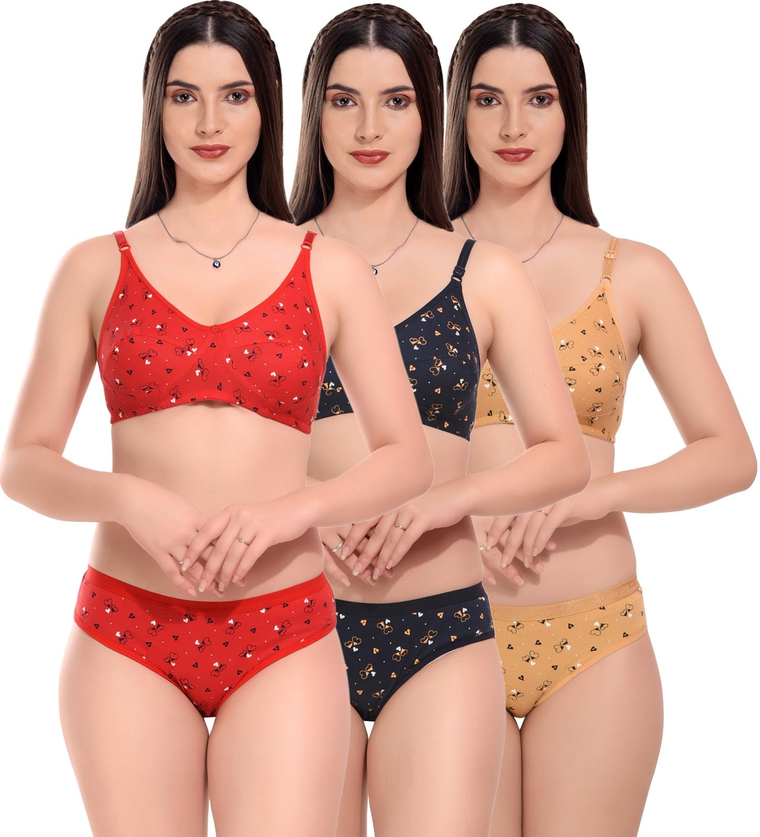 BYLKOWomen's Polycotton Non-Padded Full Coverage Bra & Panty Regular Multi Lingerie Set Combo Pack of 3