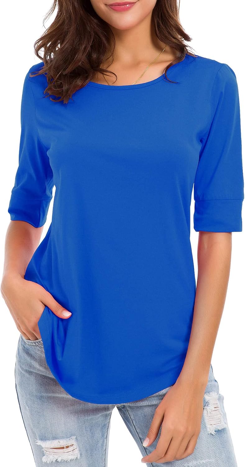 Women's Casual T Shirts Cotton Mid Sleeve Summer Basic Tunics Tee Tops Fashion