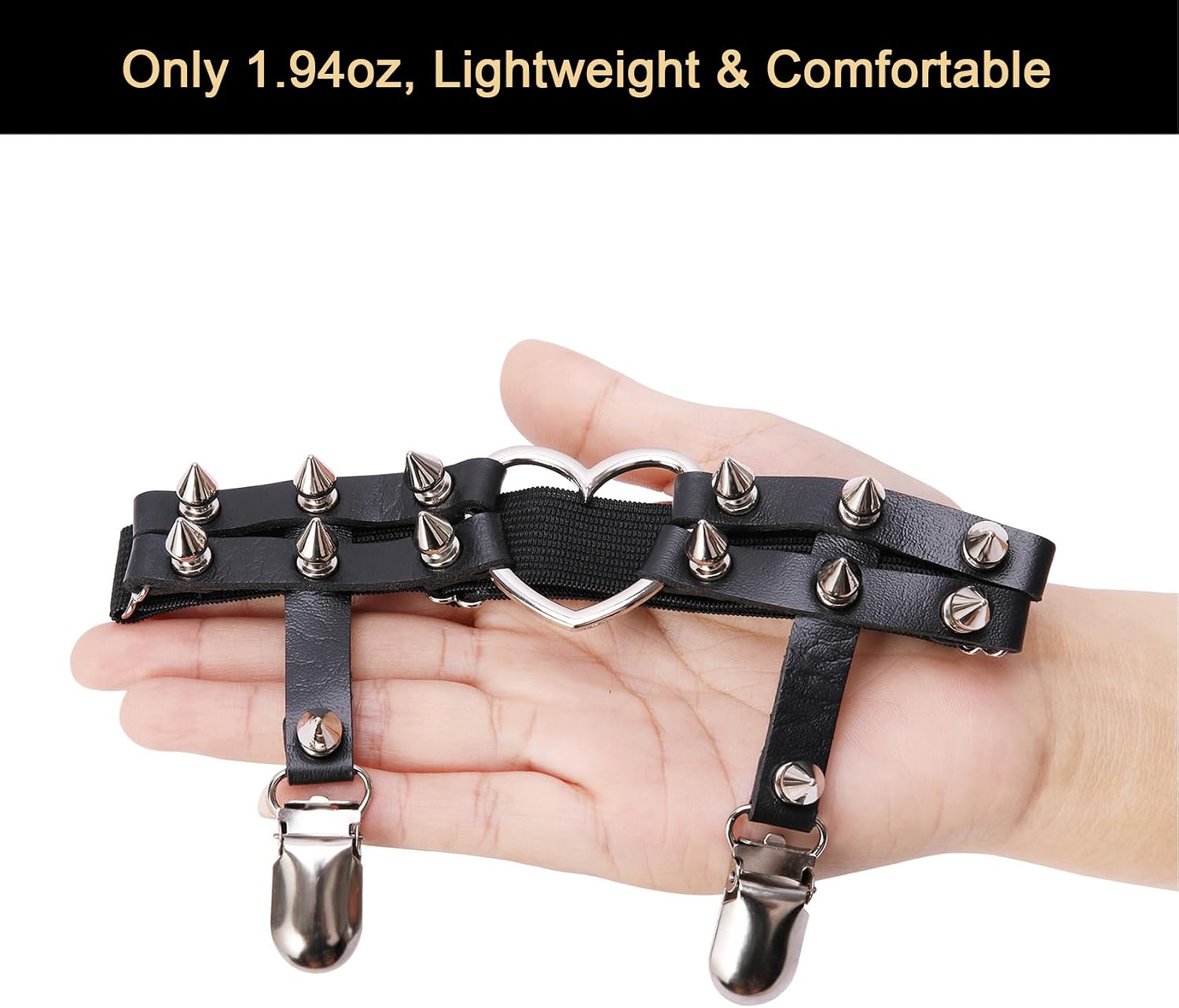 2PCs Adjustable Heart Leg Garter with Anti-Slip Clips, Elastic Studded Thigh Garter for Parties Cosplay