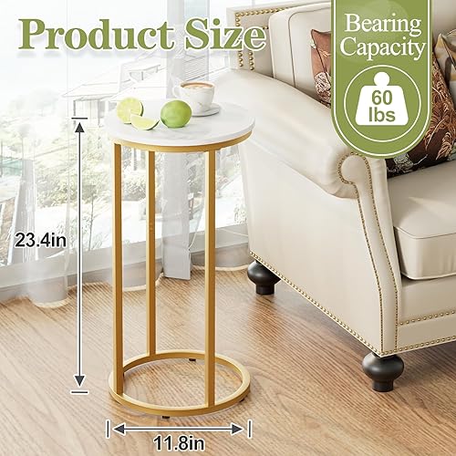 Miniatura 3 de Mesa auxiliar en forma de C, mesas auxiliares de sofá para sala de estar, mesa auxiliar redonda de sofá con marco de metal, mesa pequeña de madera