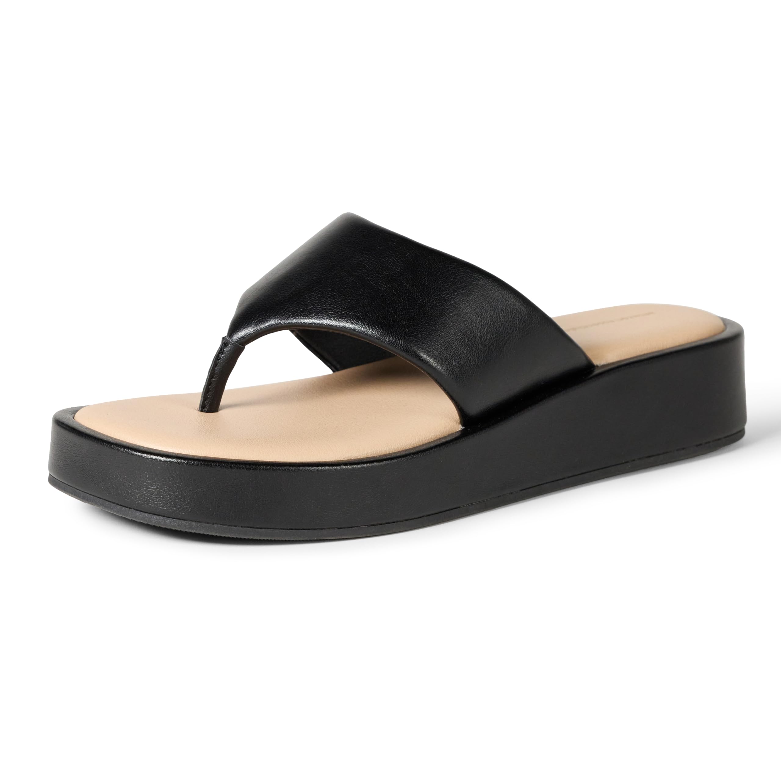 Amazon Essentials Women's Flatform Thong Sandals, Black Faux Leather, 13