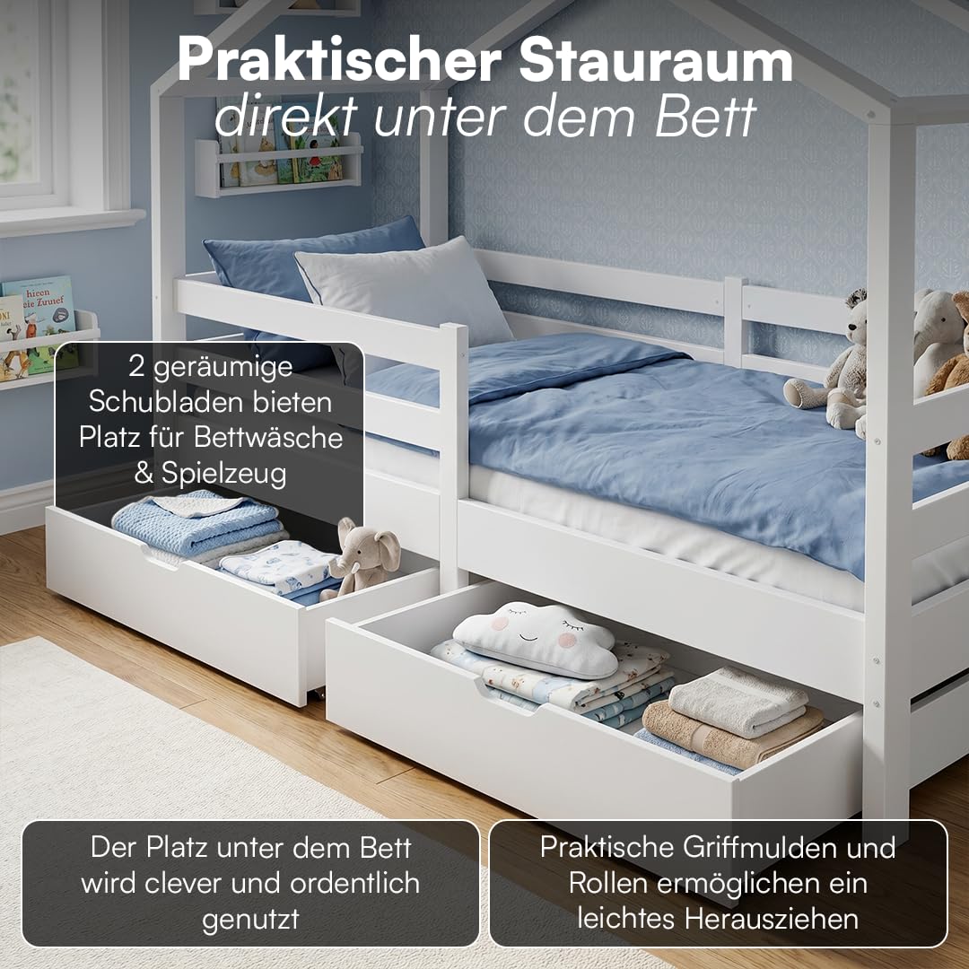 Bellabino Abia Kinderbett 90x200 cm – Hausbett mit Rausfallschutz, Lattenrost und 2 Schubladen – Montessori Kinder Bett aus Massivholz Kiefer für Jungen und Mädchen in Weiß